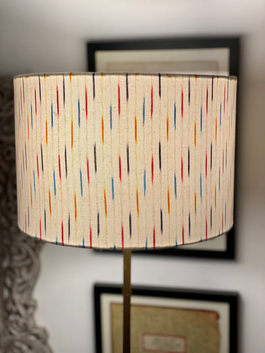 *SAMPLE SALE* 12 Inch Drum Lamp Shade. Indian Hand Ikat Fabric. Multi on White.