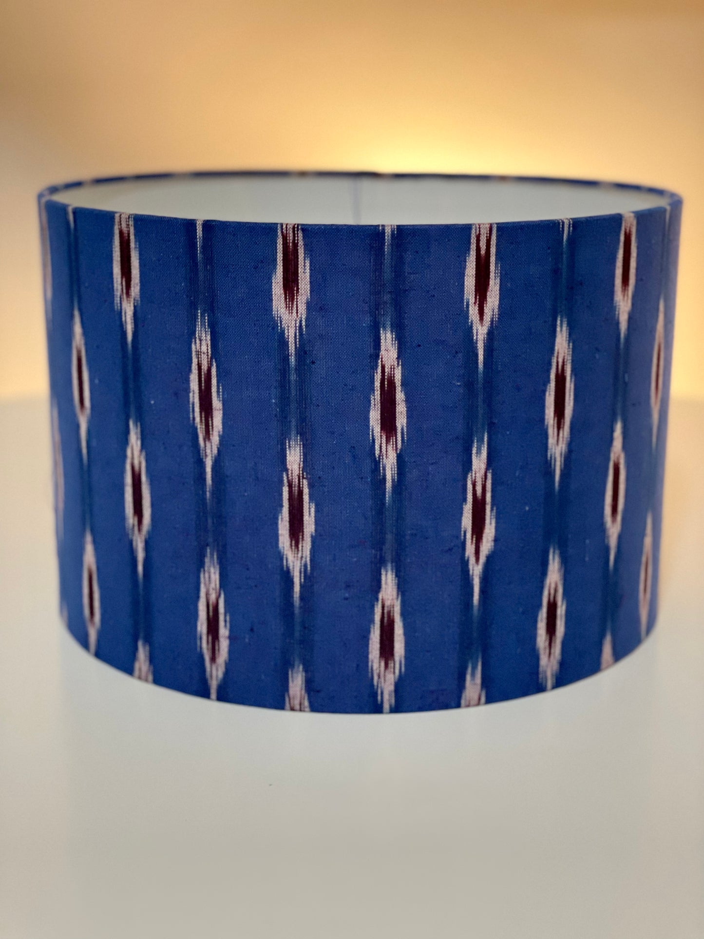 12 Inch Drum Lampshade. Indian Pochampally Ikat Weave Cotton Fabric. Royal Blue with Licorice and White.