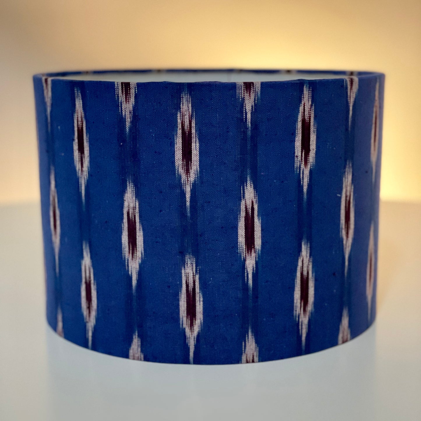 10 inch Drum Lampshade. Indian Pochampally Ikat Weave Cotton Fabric. Royal Blue with Licorice and White.
