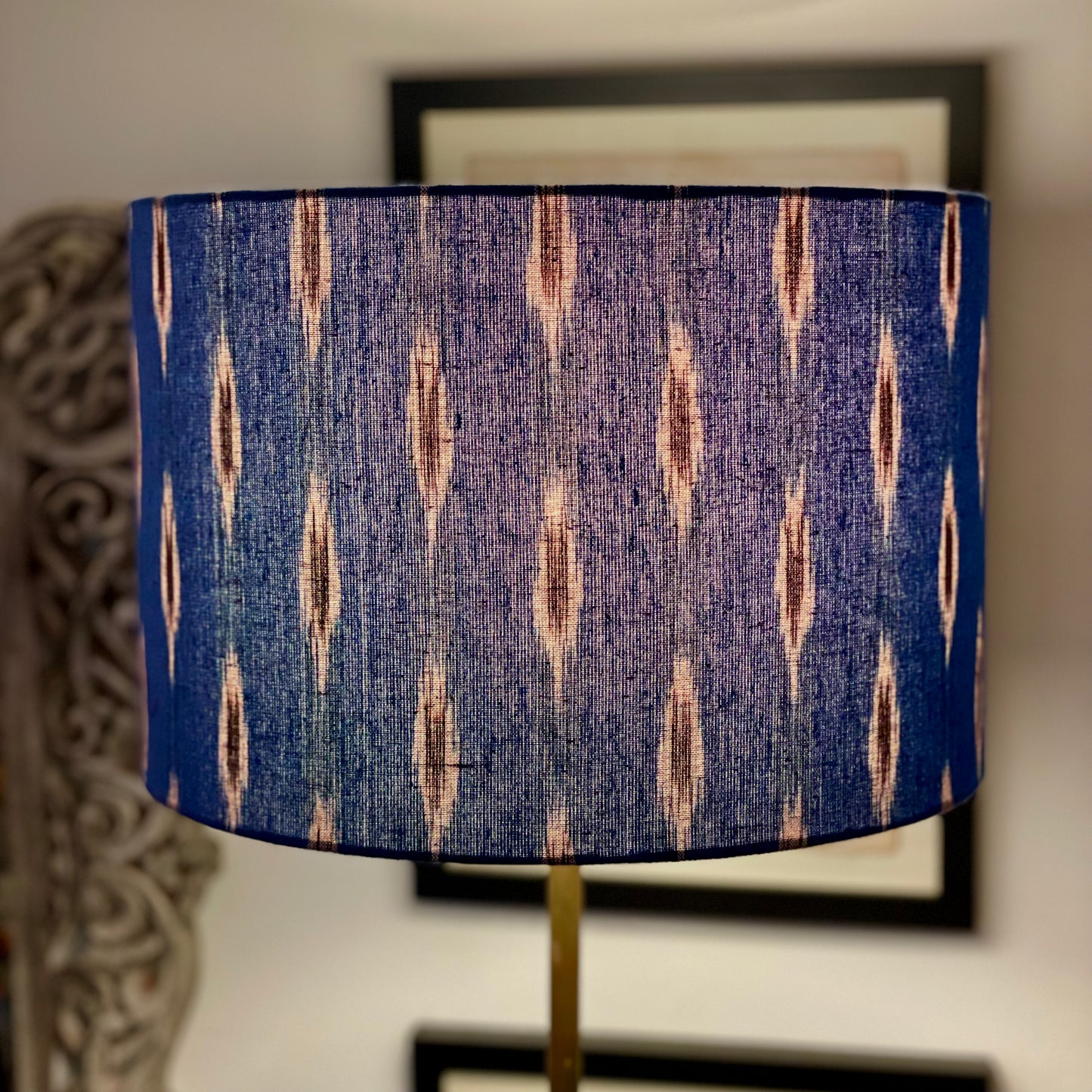 12 Inch Drum Lampshade. Indian Pochampally Ikat Weave Cotton Fabric. Royal Blue with Licorice and White.