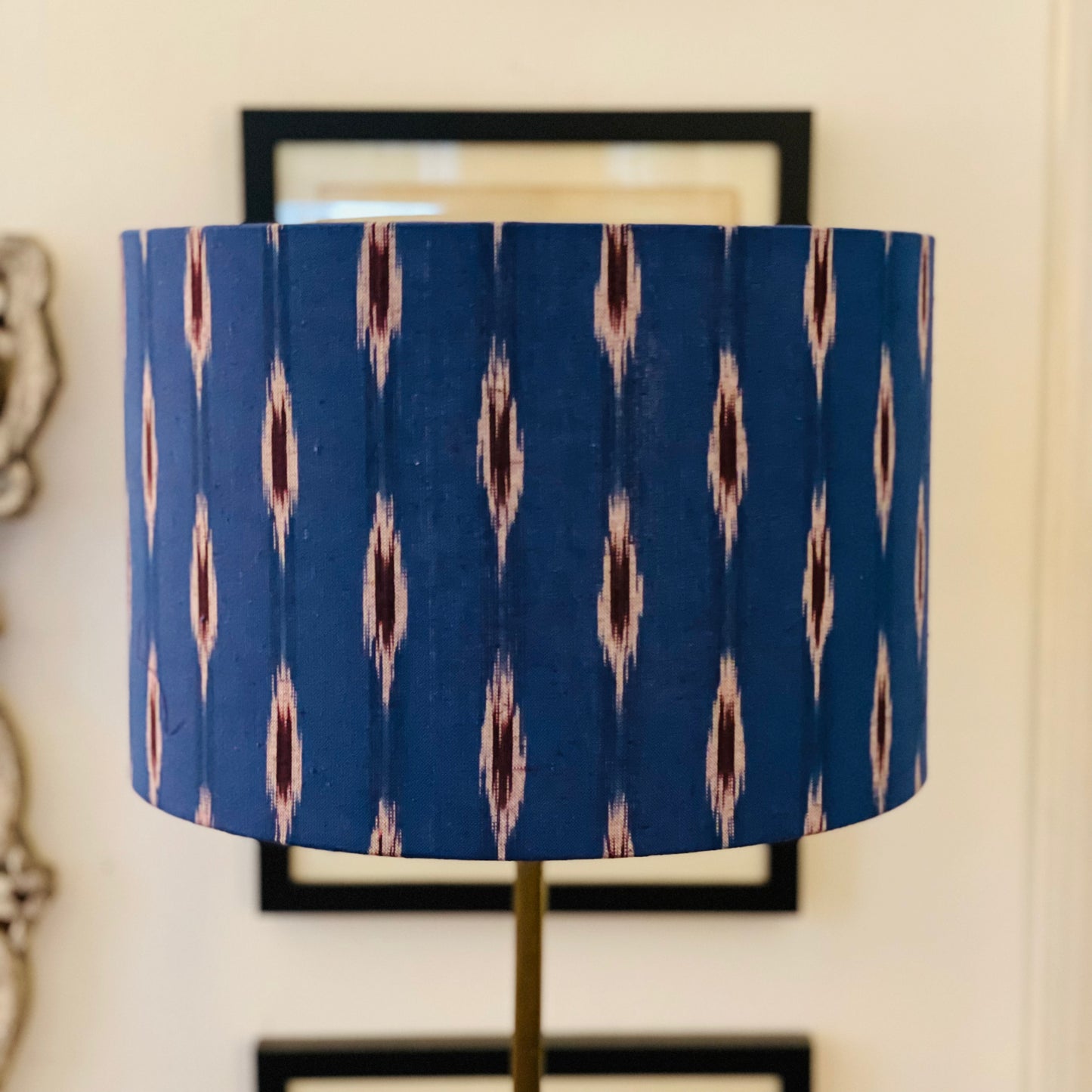 12 Inch Drum Lampshade. Indian Pochampally Ikat Weave Cotton Fabric. Royal Blue with Licorice and White.