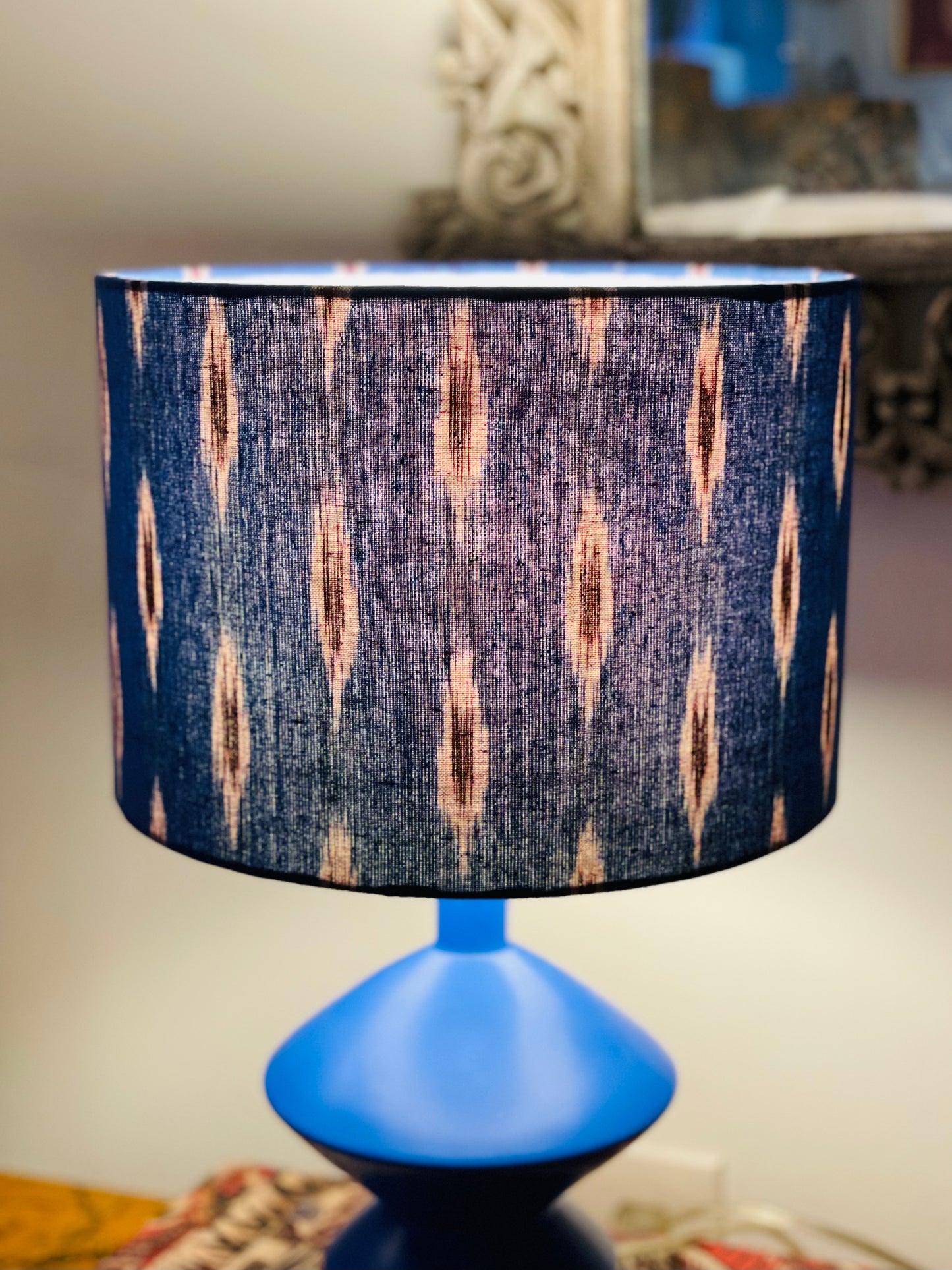 10 inch Drum Lampshade. Indian Pochampally Ikat Weave Cotton Fabric. Royal Blue with Licorice and White.