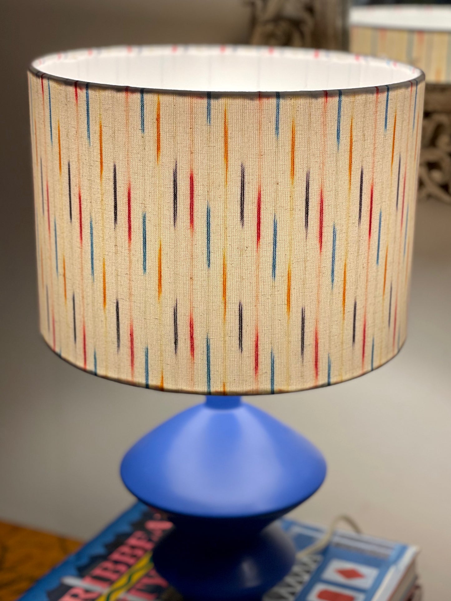 10 inch Drum Lampshade. Indian Pochampally Ikat Weave Cotton Fabric. Multicolor with White.