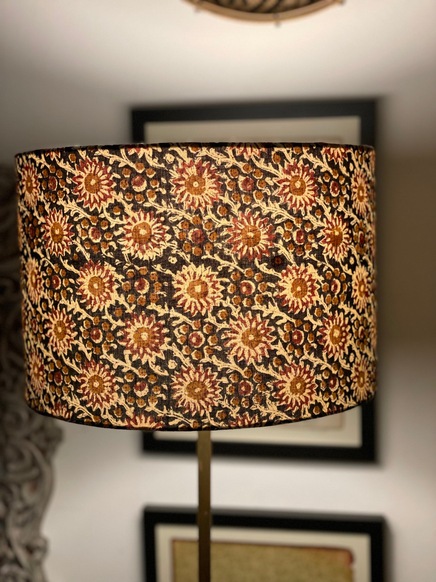 12 Inch Drum Lampshade. Hand Kalamkari Block from India. Smoky Black with Shades of Amber, Coffee, and Sepia.