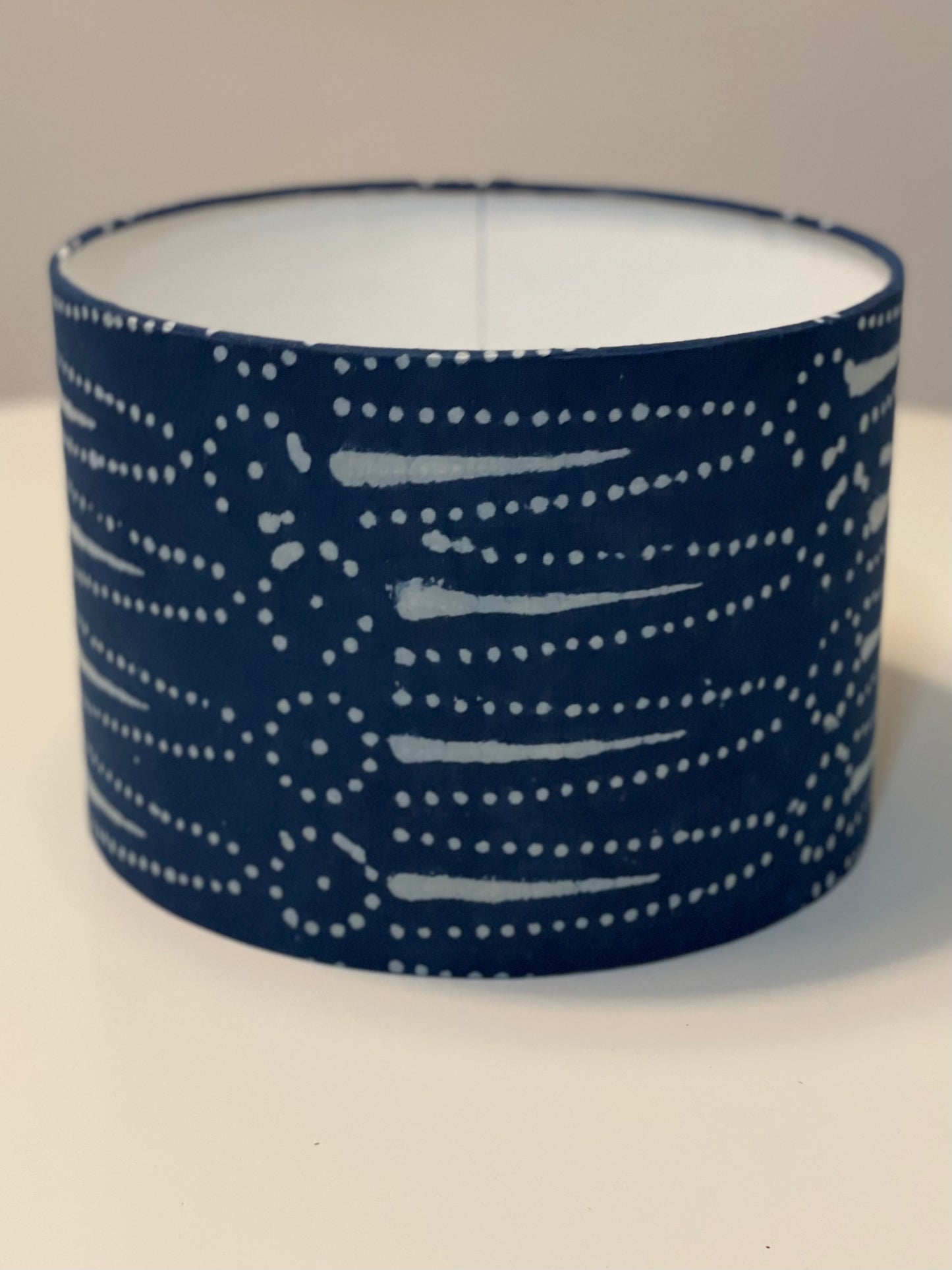 10 inch Drum Lampshade. Indigo Hand Batik. Dot and Arrow Motif.