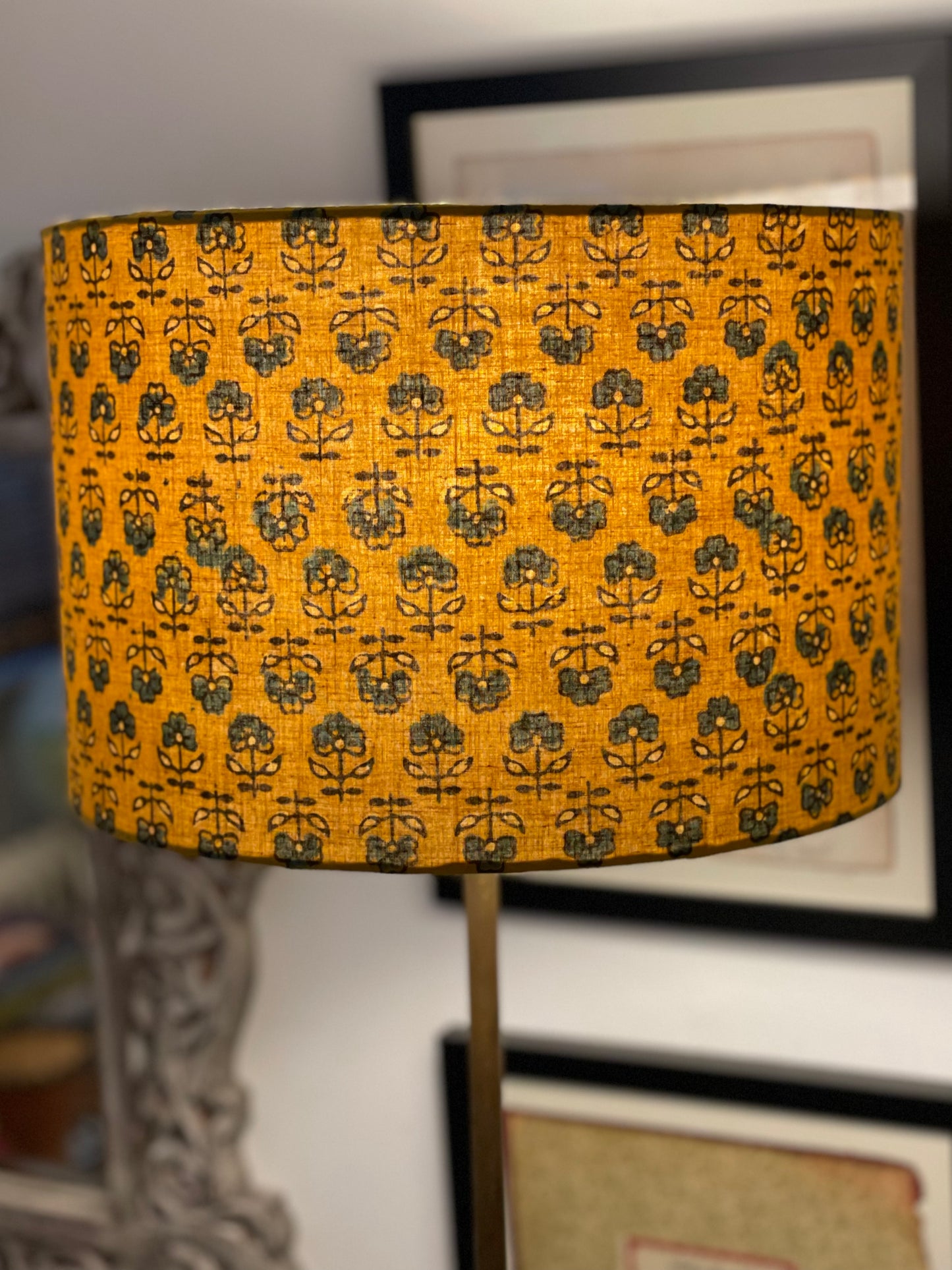 12 Inch Drum Lampshade. Turmeric Dyed Ajrak Hand Block Print. Turmeric with Greyish-Blue and Dark Grey Floral Motif.