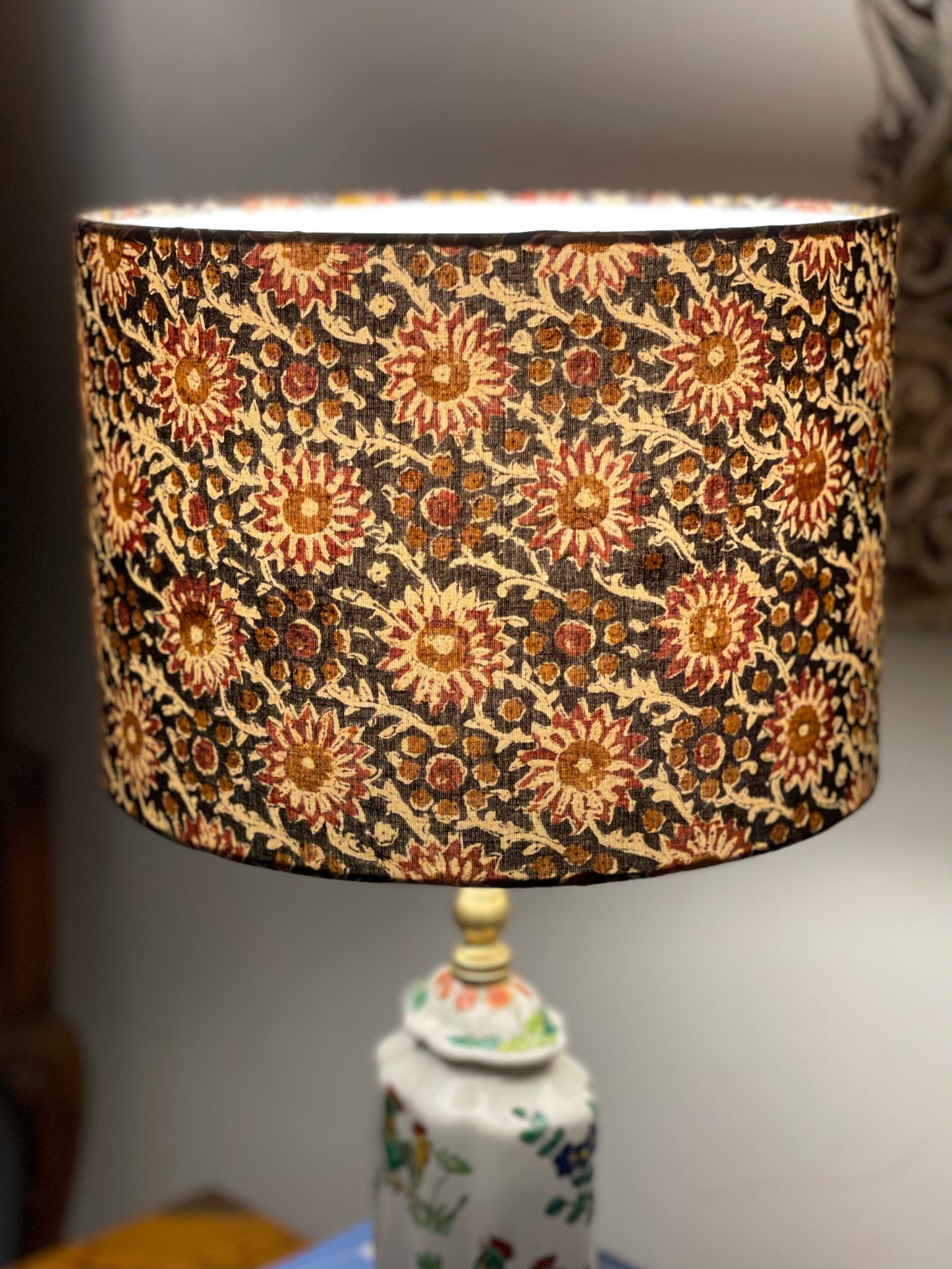 10 inch Drum Lampshade. Hand Kalamkari Block from India. Smoky Black with Shades of Amber, Coffee, and Sepia.