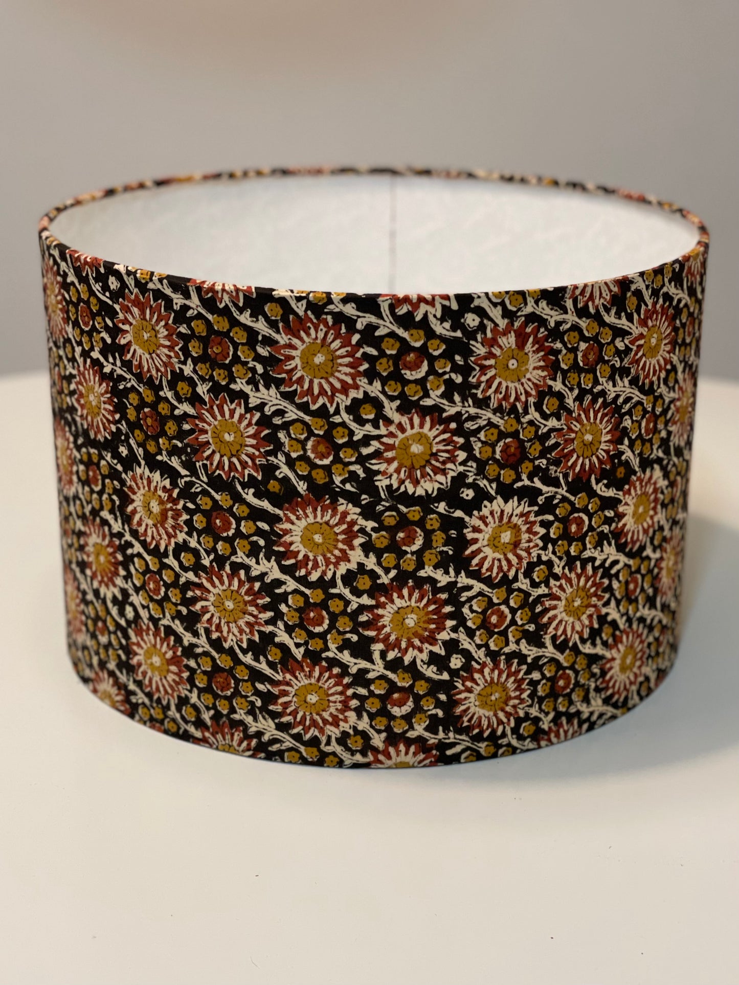 12 Inch Drum Lampshade. Hand Kalamkari Block from India. Smoky Black with Shades of Amber, Coffee, and Sepia.