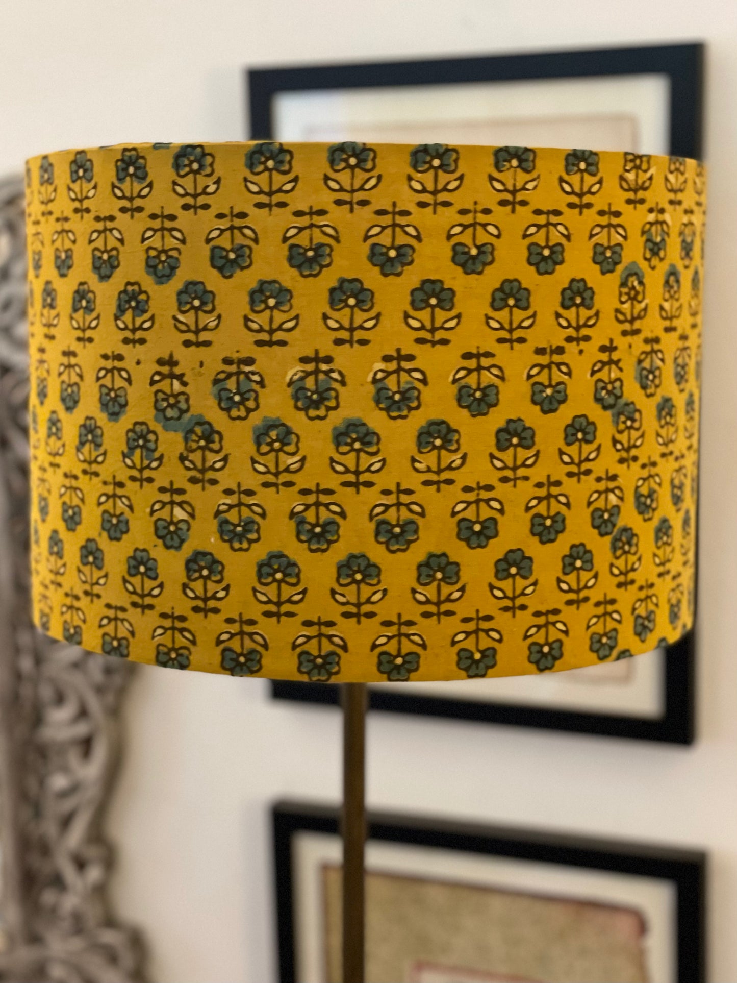 12 Inch Drum Lampshade. Turmeric Dyed Ajrak Hand Block Print. Turmeric with Greyish-Blue and Dark Grey Floral Motif.