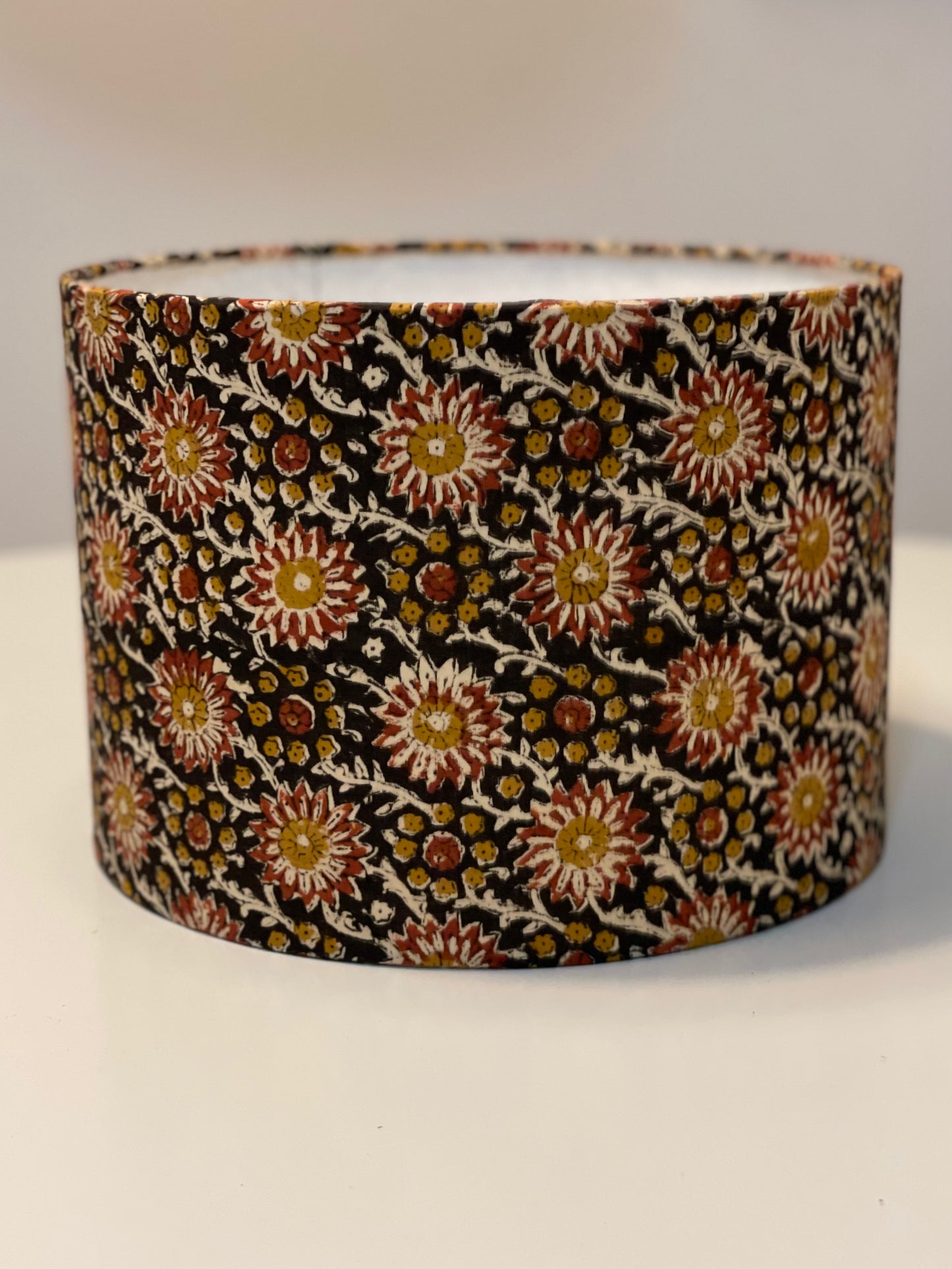 10 inch Drum Lampshade. Hand Kalamkari Block from India. Smoky Black with Shades of Amber, Coffee, and Sepia.