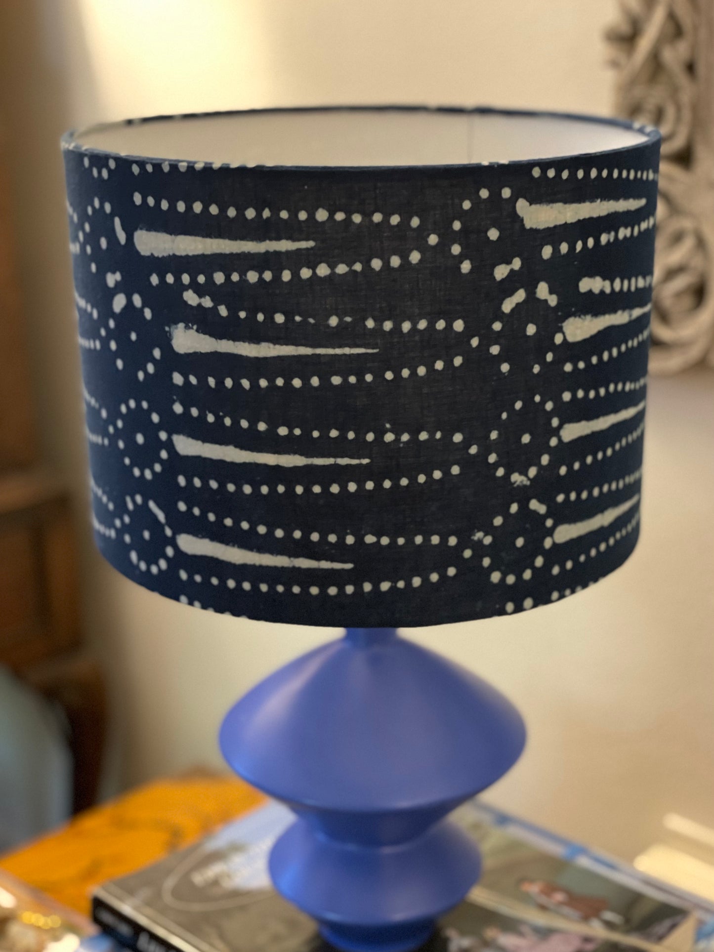 10 inch Drum Lampshade. Indigo Hand Batik. Dot and Arrow Motif.
