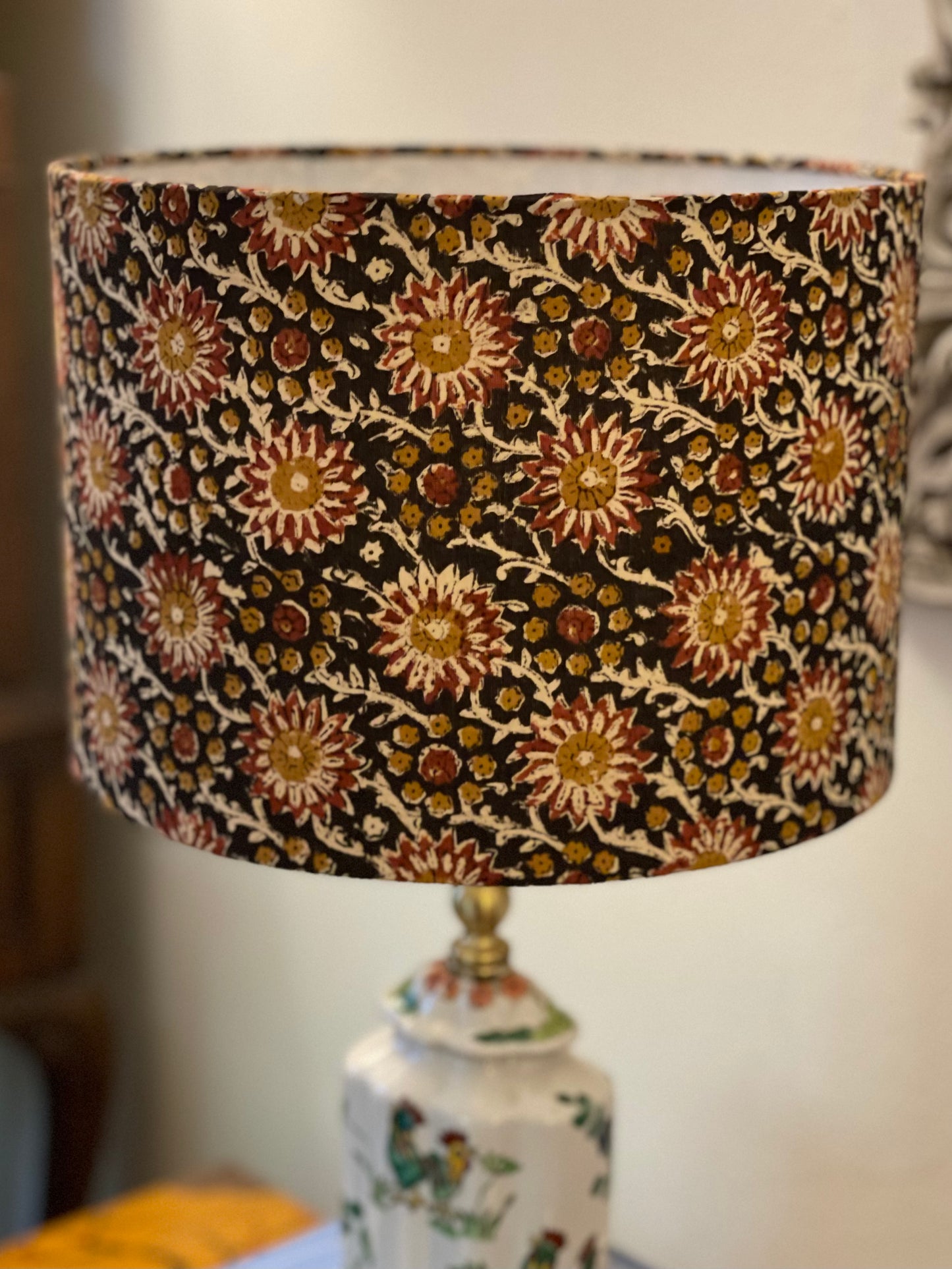 10 inch Drum Lampshade. Hand Kalamkari Block from India. Smoky Black with Shades of Amber, Coffee, and Sepia.