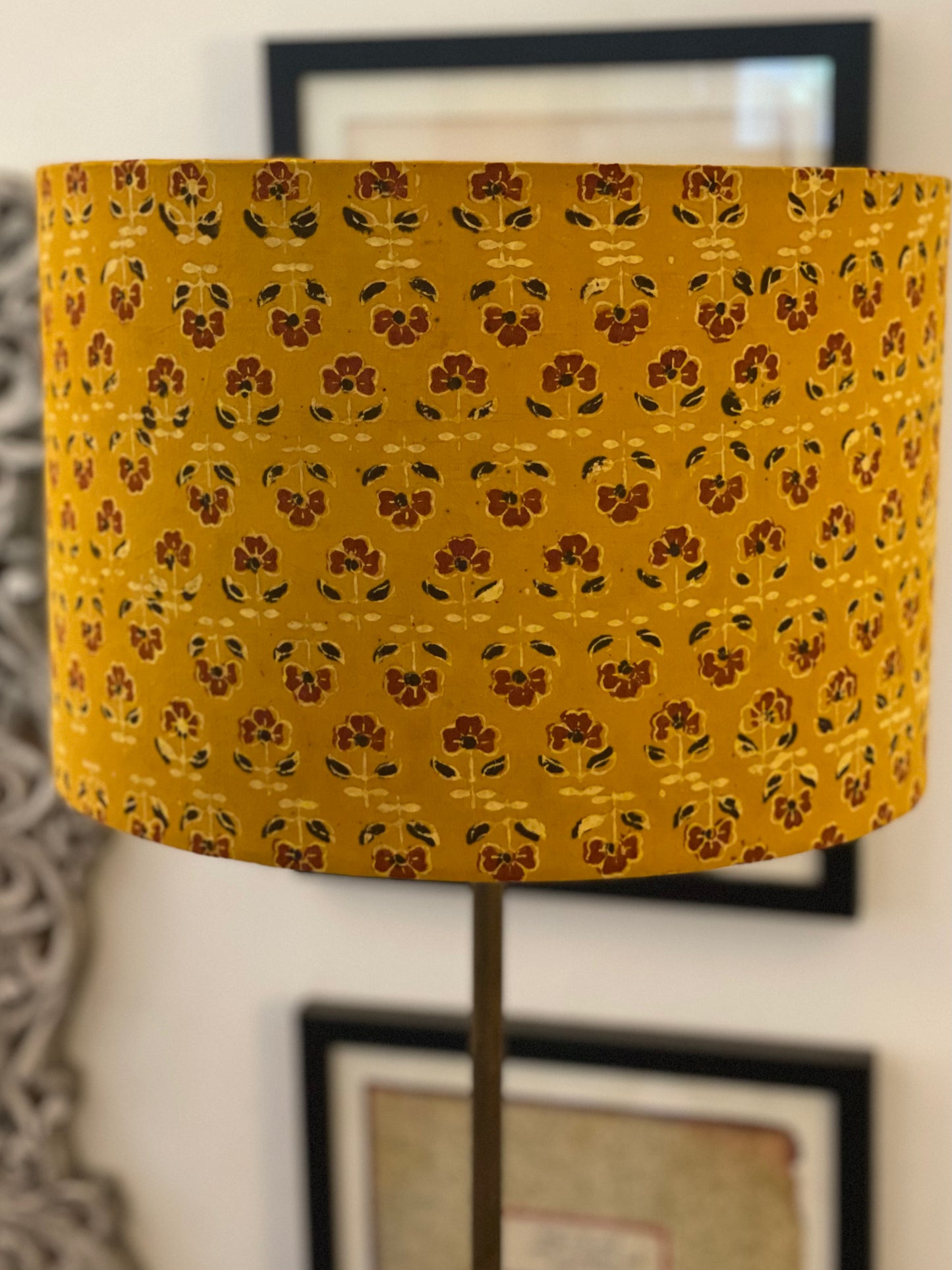 12 Inch Drum Lampshade. Turmeric Dyed Ajrak Hand Block Print. Turmeric with Saddle Brown and Black Floral Motif.