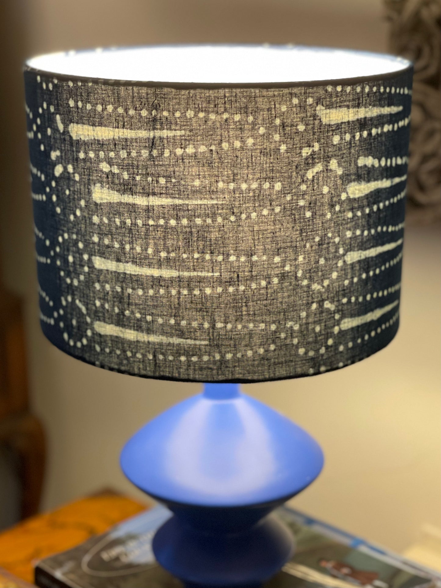 10 inch Drum Lampshade. Indigo Hand Batik. Dot and Arrow Motif.