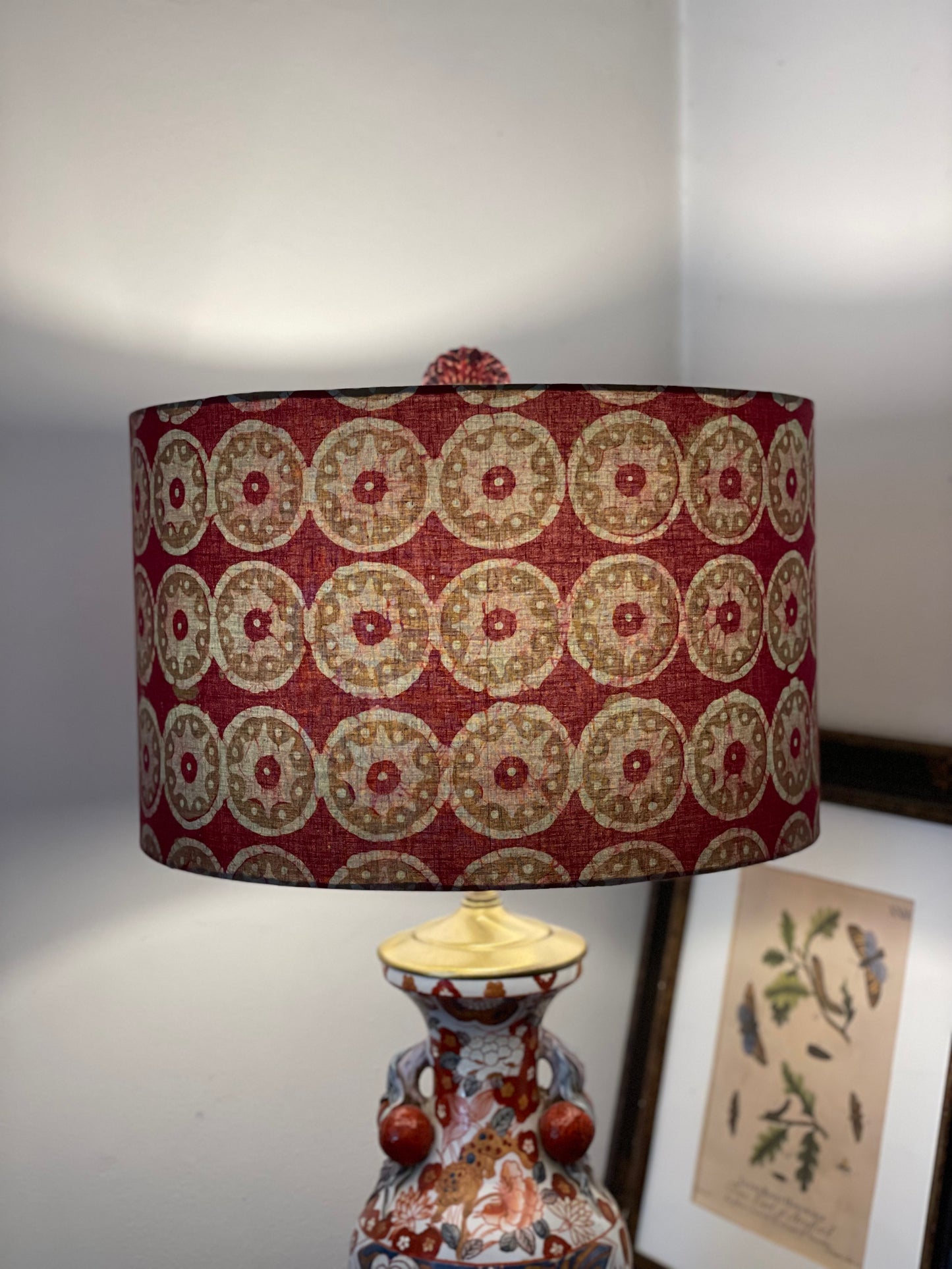 16 Inch Drum Lampshade. Kutchi Hand Batik from India. Rosewood with Pale Coffee and Pale Taupe.