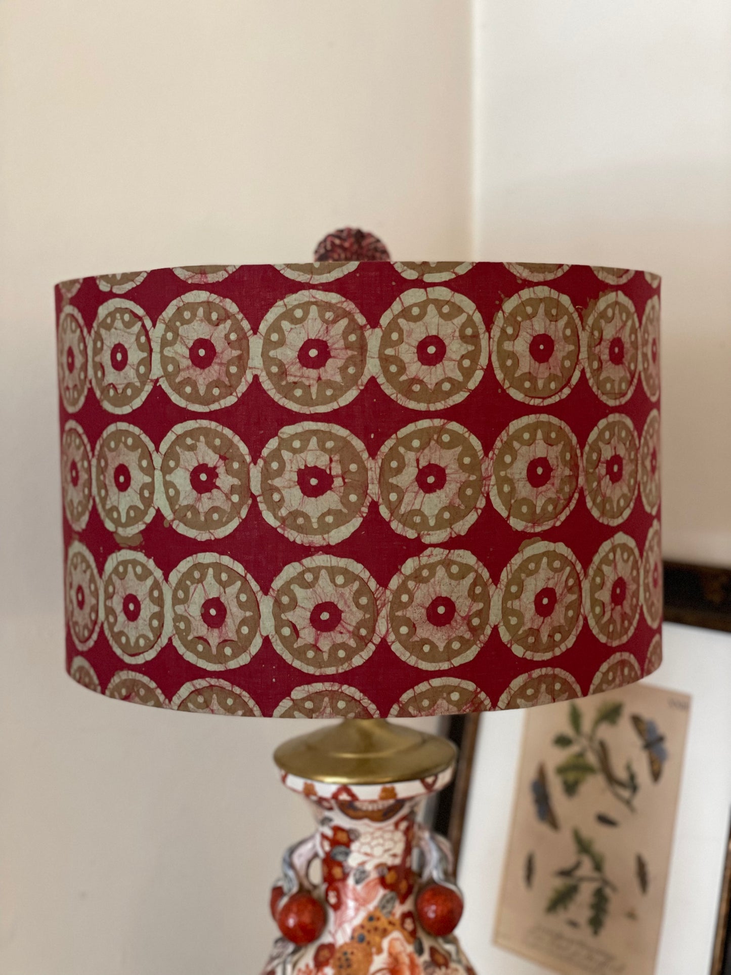 16 Inch Drum Lampshade. Kutchi Hand Batik from India. Rosewood with Pale Coffee and Pale Taupe.