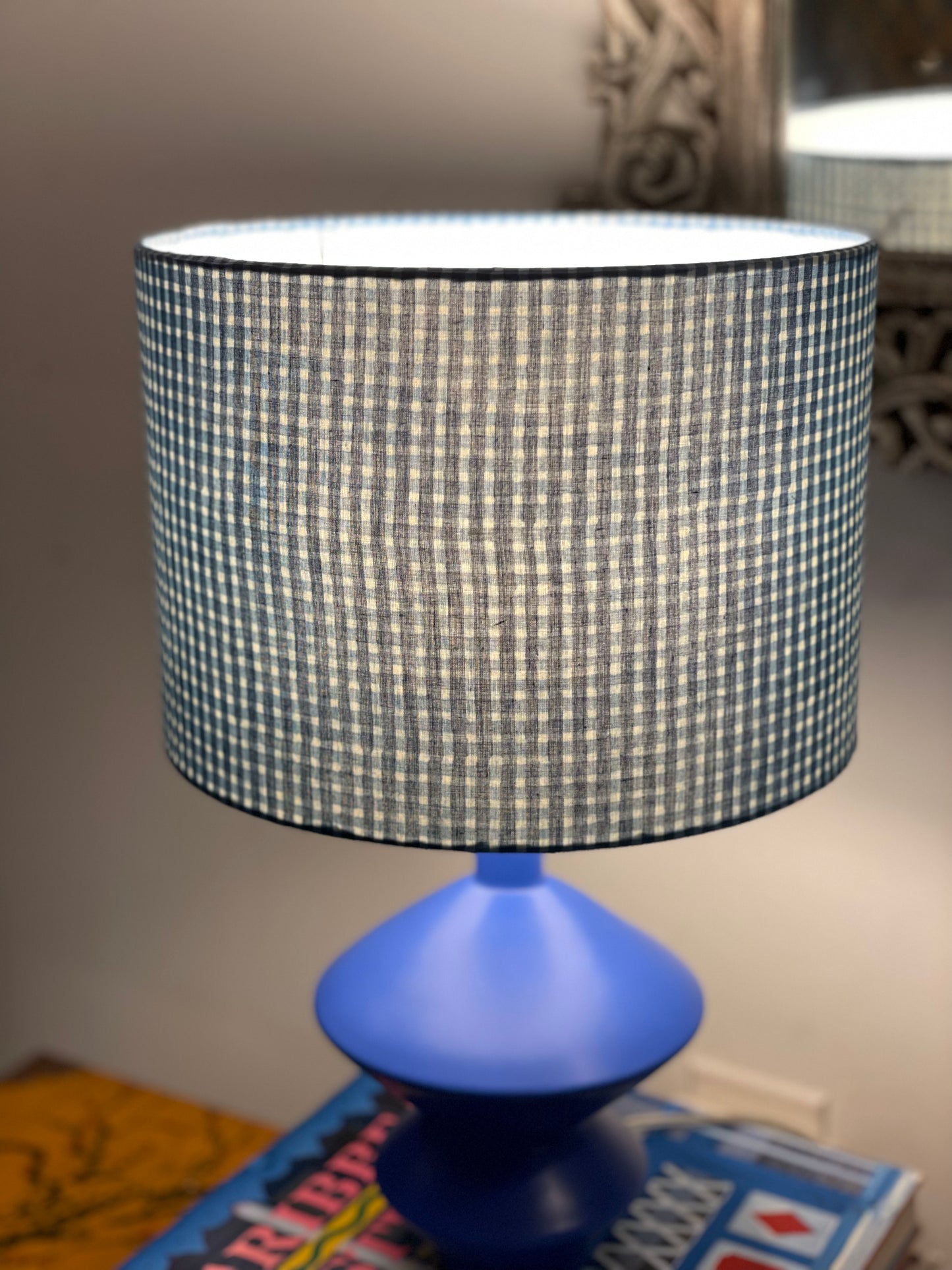 10 inch Drum Lampshade. Indigo Hand Print from India. Faded Blue Check Pattern.