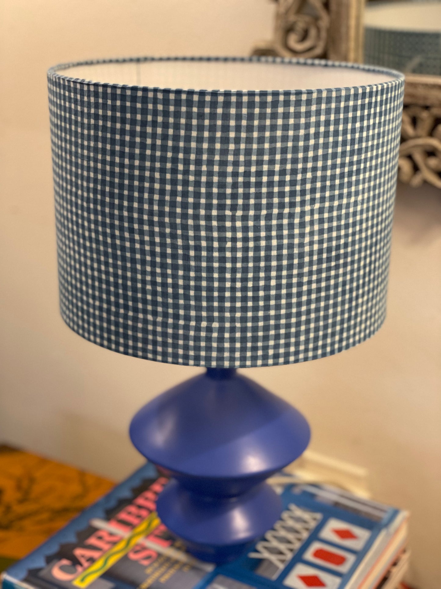 10 inch Drum Lampshade. Indigo Hand Print from India. Faded Blue Check Pattern.