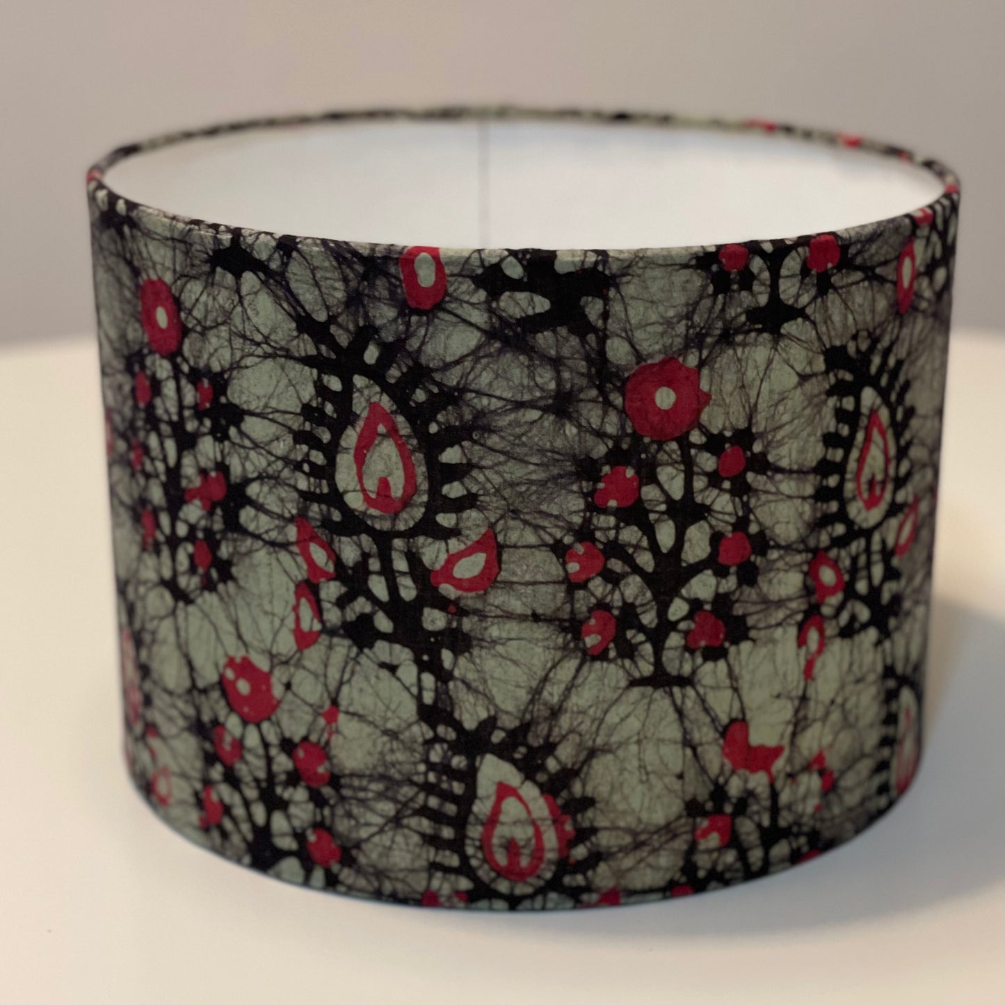 10 inch Drum Lampshade. Indian Hand Batik. Ruby Red Paisley with Inky Black and Smoky Gray.