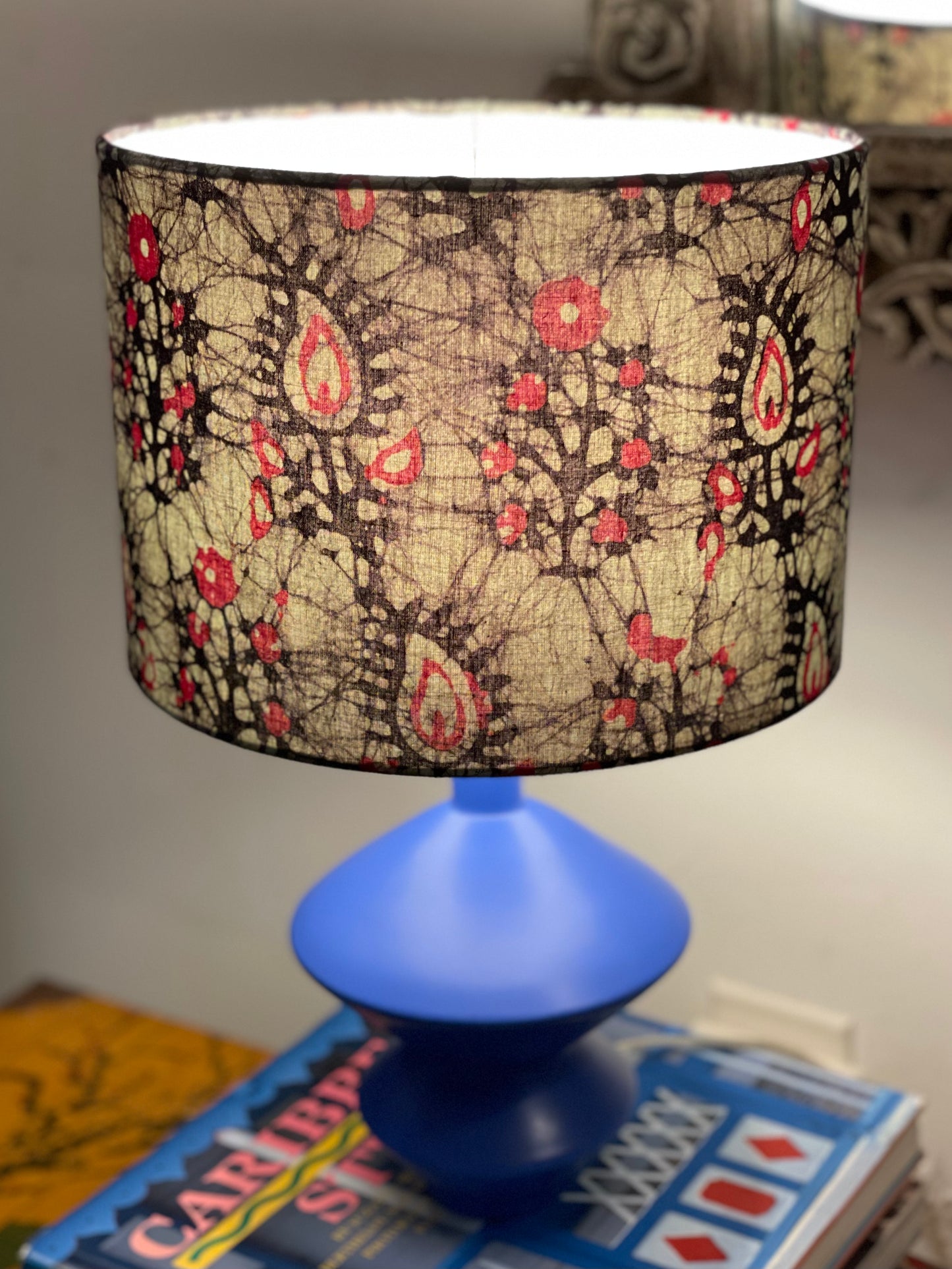 10 inch Drum Lampshade. Indian Hand Batik. Ruby Red Paisley with Inky Black and Smoky Gray.