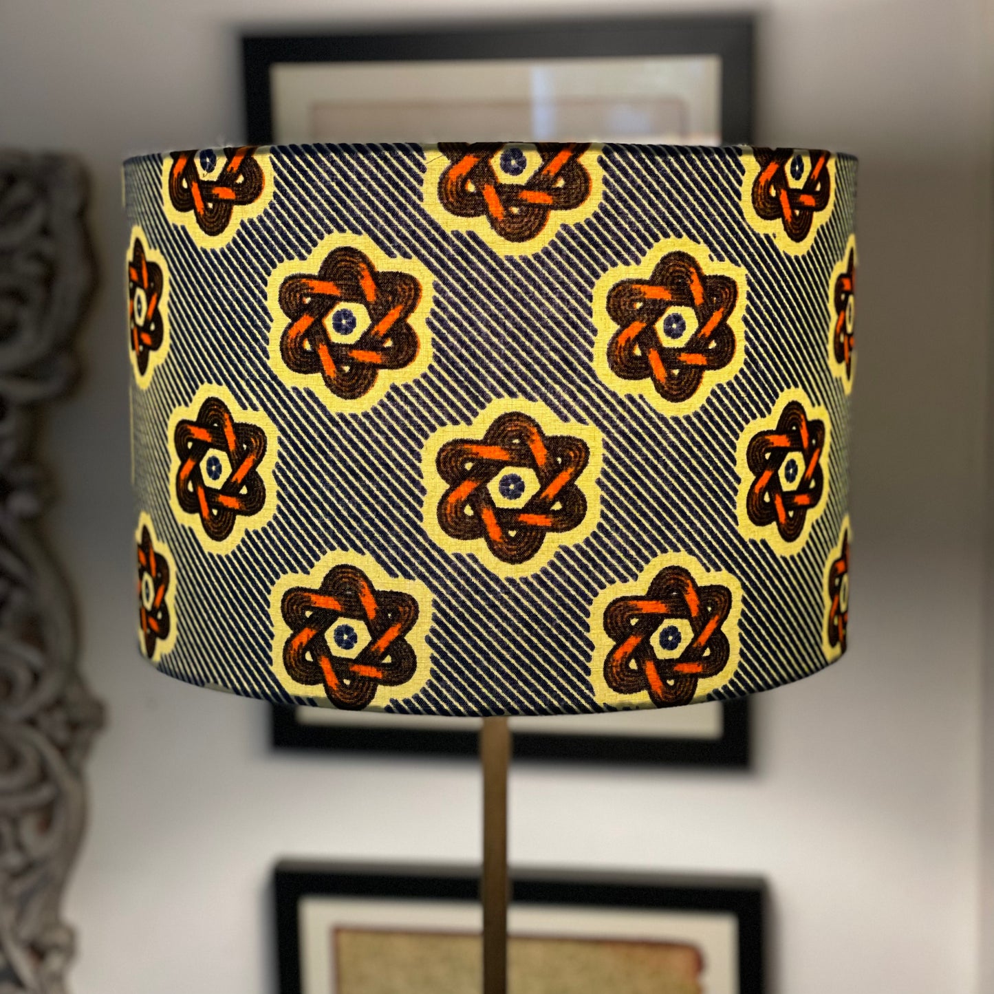 12 Inch Drum Shade. West African Ankara Fabric. Navy and Ecru Stripe with Burnt Orange and Black Obaapa Motif.