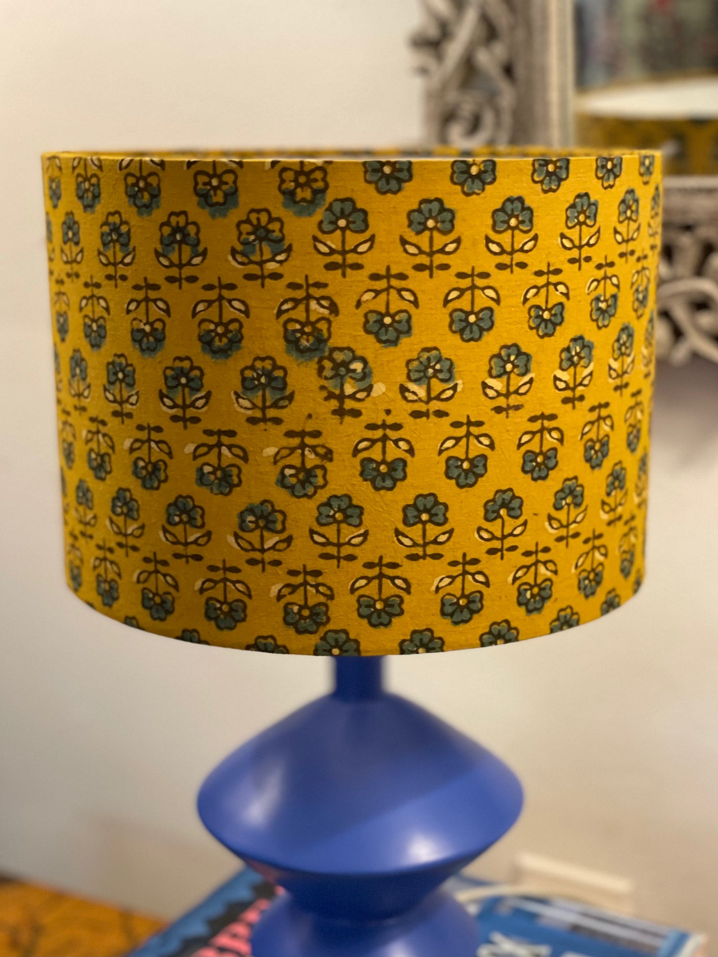 10 inch Drum Lampshade. Turmeric Dyed Ajrak Hand Block Print. Turmeric with Greyish-Blue and Dark Grey Floral Motif.