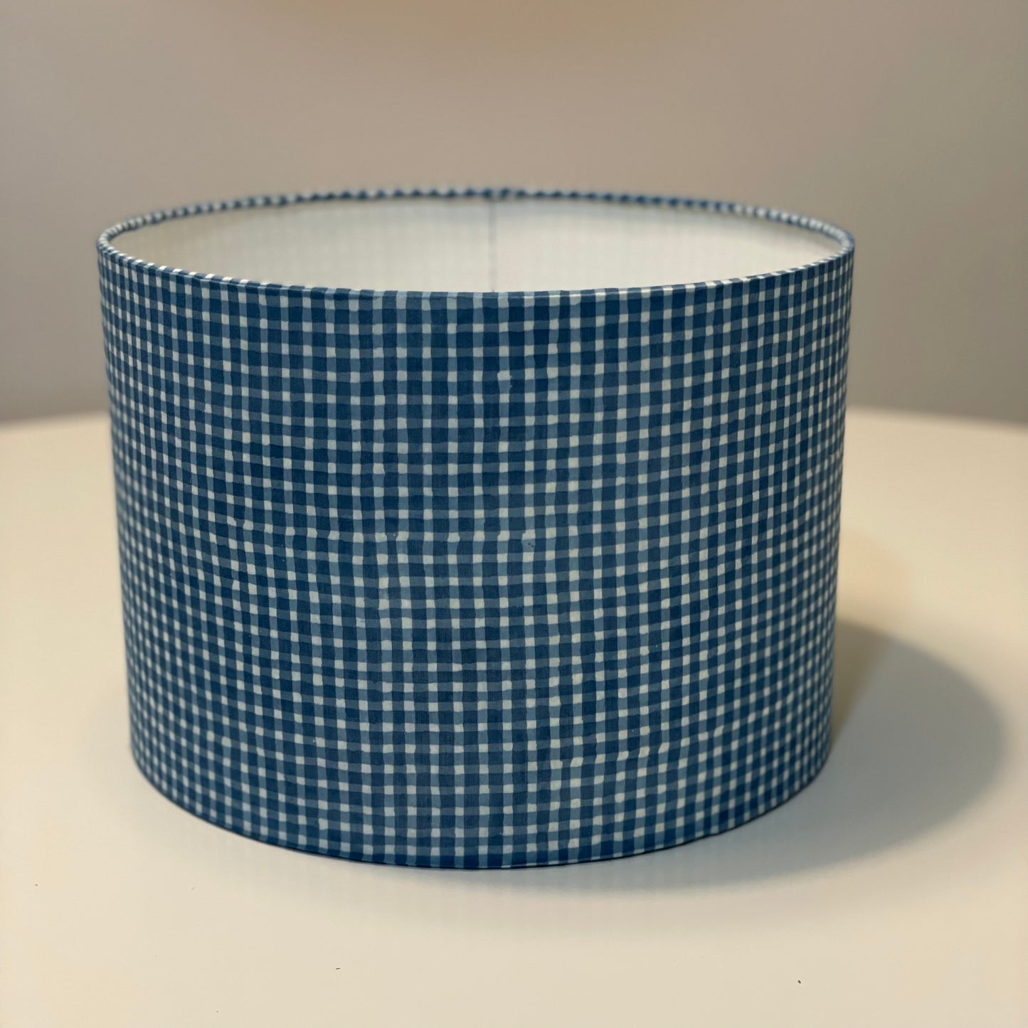 10 inch Drum Lampshade. Indigo Hand Print from India. Faded Blue Check Pattern.