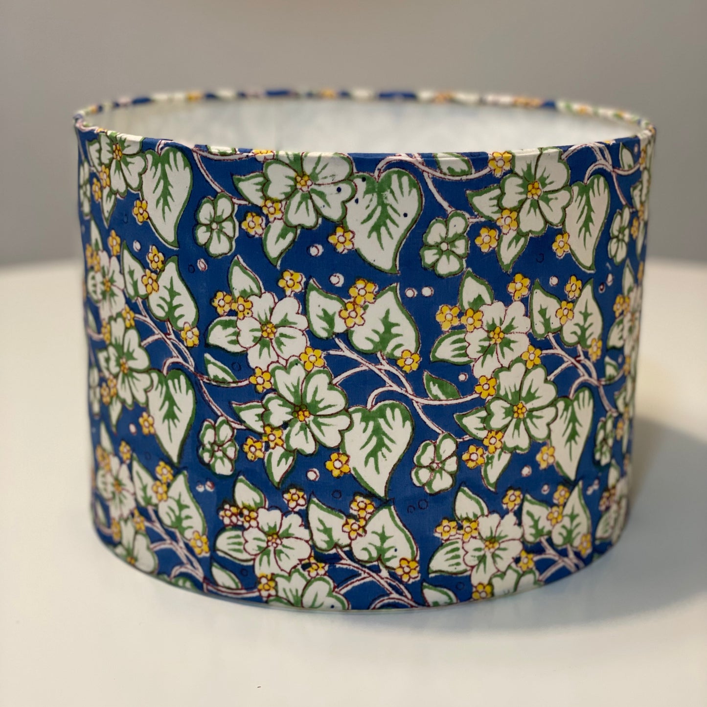 10 inch Drum Lampshade. Indian Hand Block Print. Cobalt, Banana Yellow, and Ivory Floral.