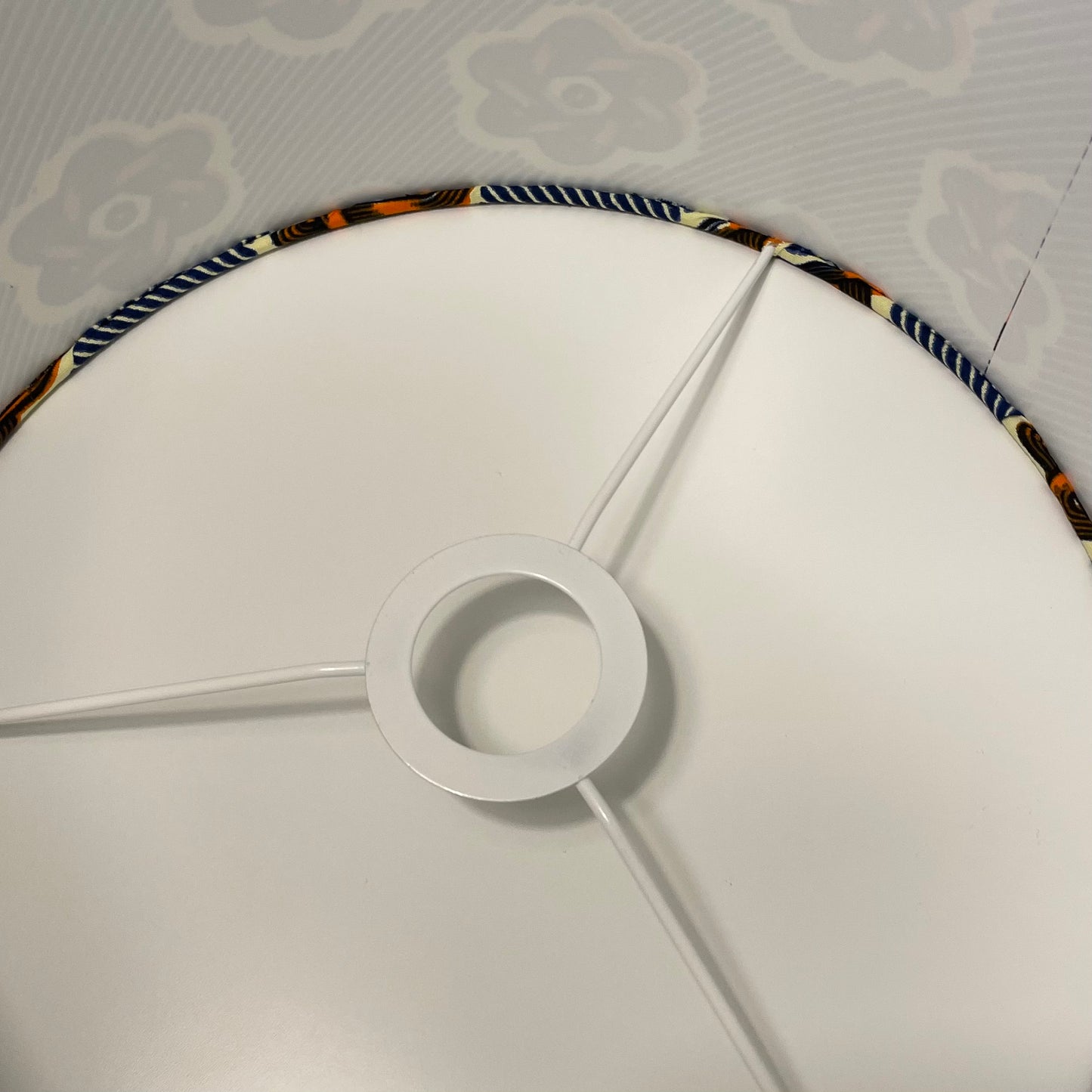 12 Inch Drum Shade. West African Ankara Fabric. Navy and Ecru Stripe with Burnt Orange and Black Obaapa Motif.