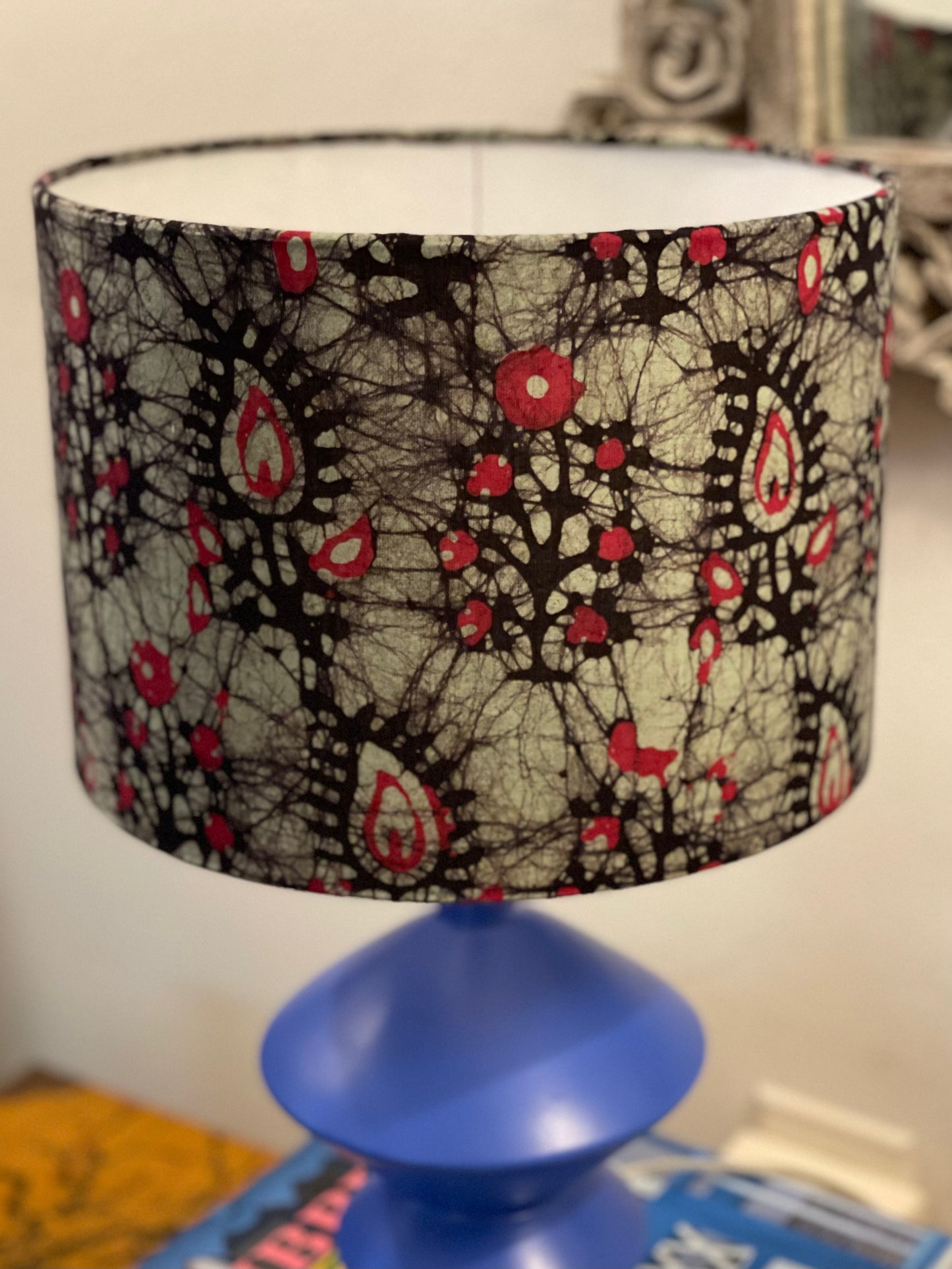 10 inch Drum Lampshade. Indian Hand Batik. Ruby Red Paisley with Inky Black and Smoky Gray.