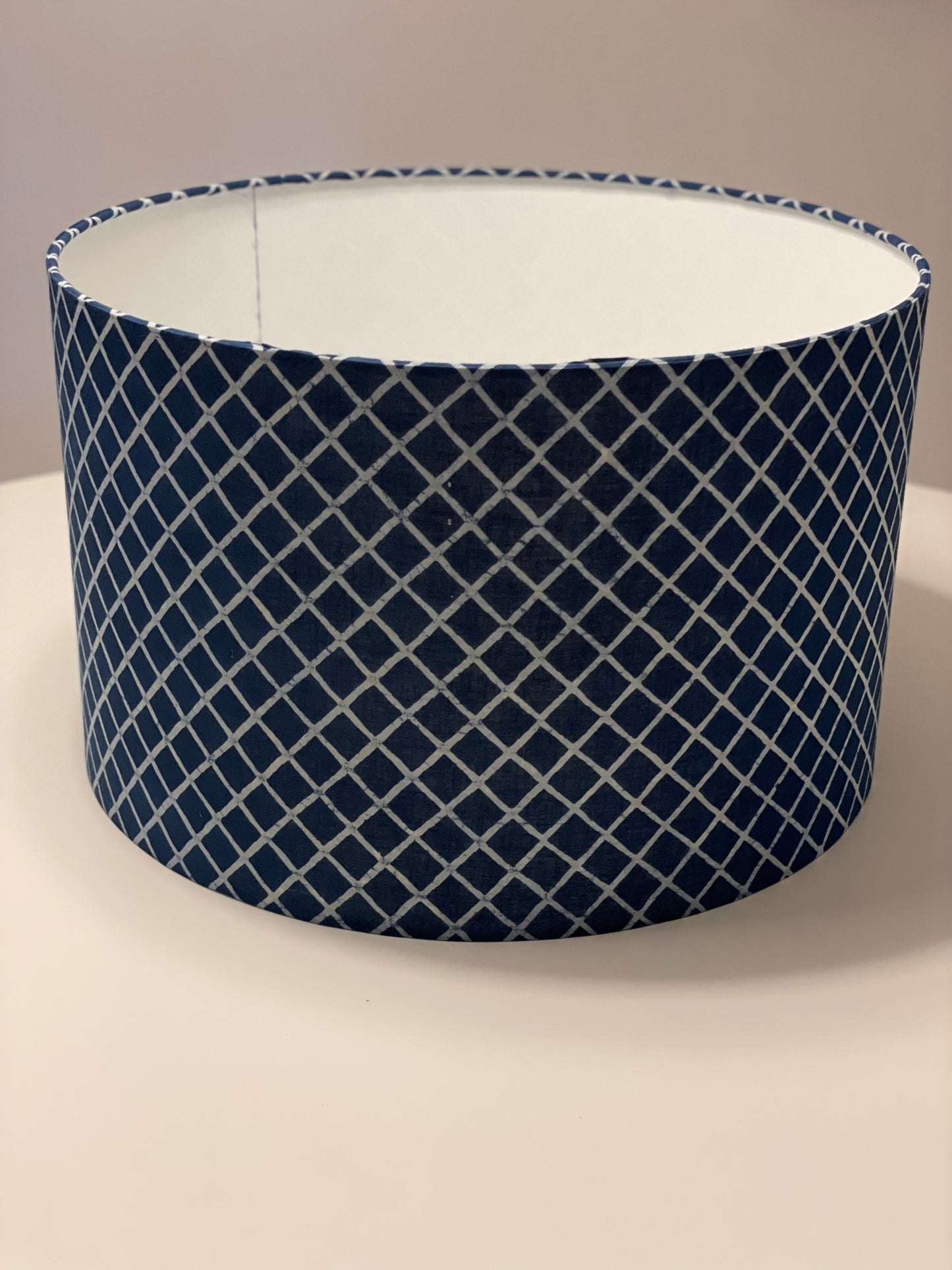 16 Inch Drum Lampshade. Indigo Hand Batik from India. Indigo and White Diamond Pattern.