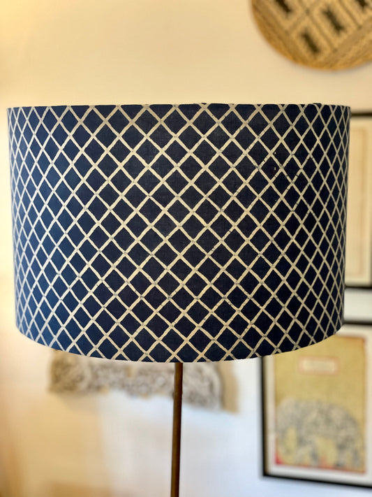 16 Inch Drum Lampshade. Indigo Hand Batik from India. Indigo and White Diamond Pattern.