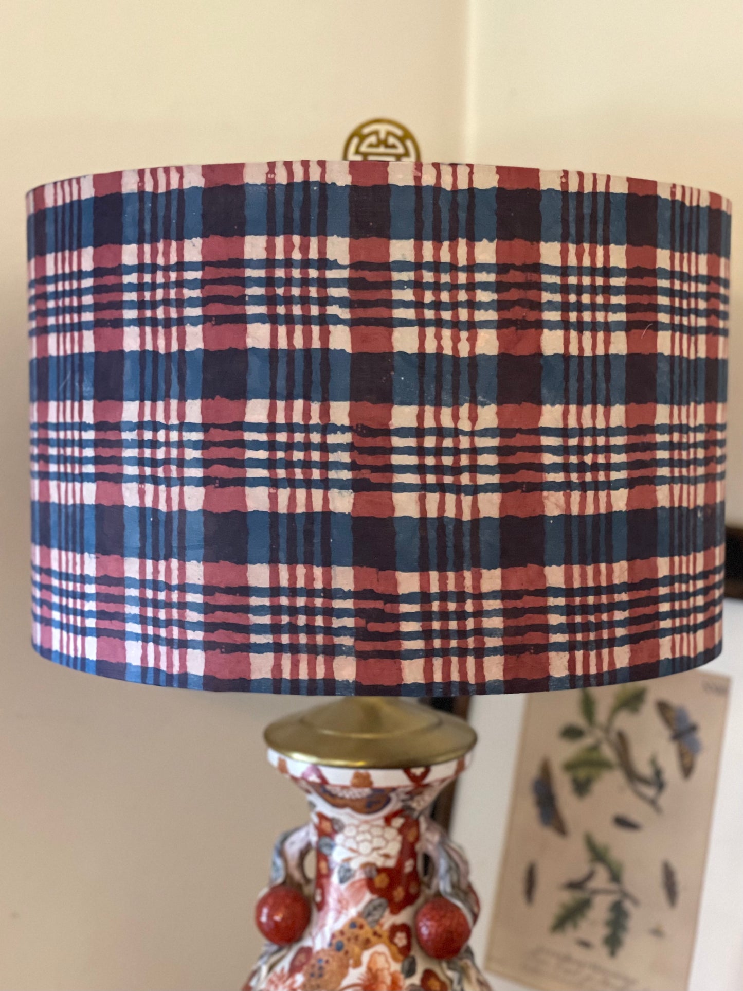 16 Inch Drum Lampshade. Indigo Hand Batik from India. Indigo, Faded Red, and Pale Taupe Plaid.