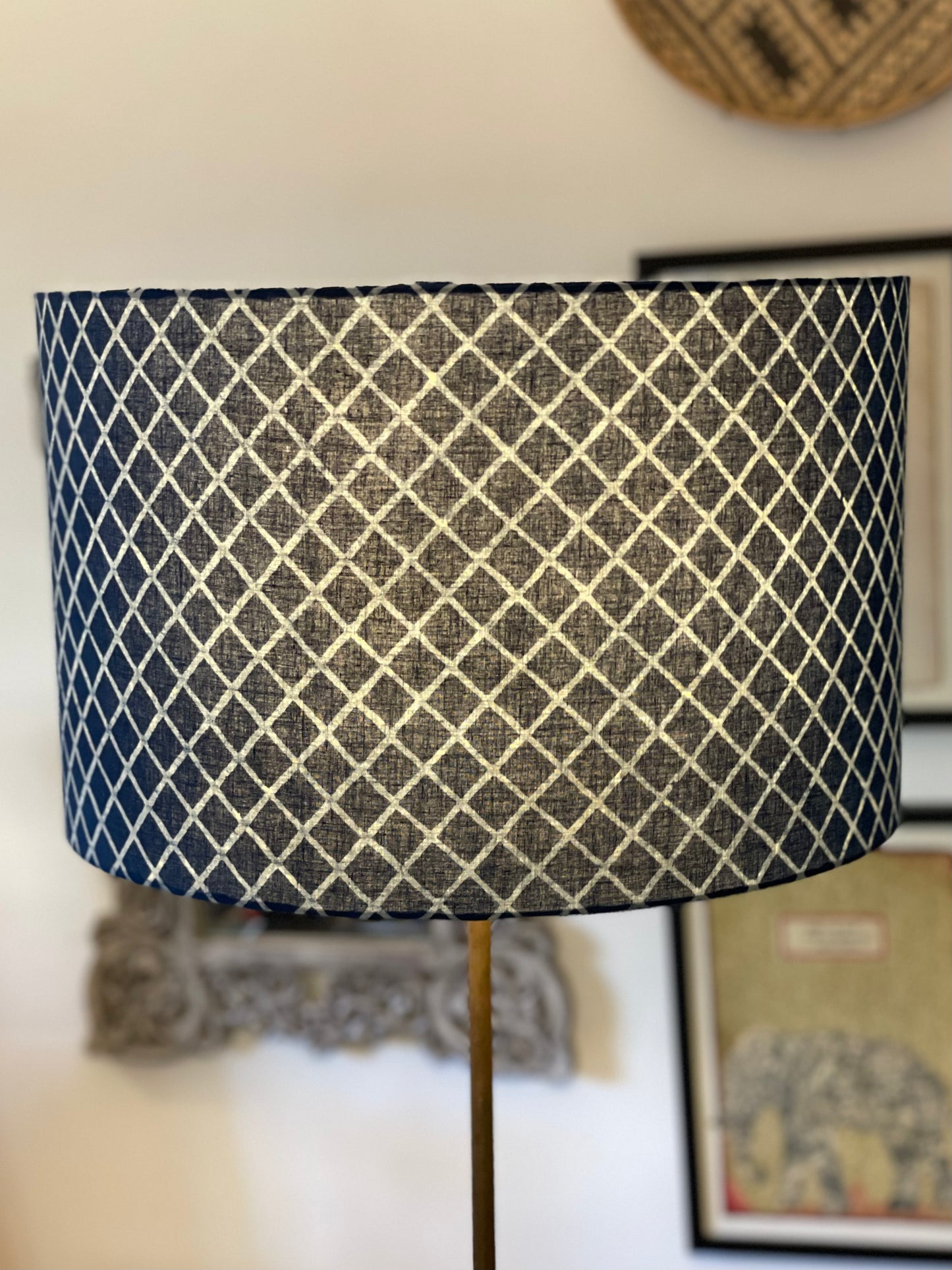 16 Inch Drum Lampshade. Indigo Hand Batik from India. Indigo and White Diamond Pattern.