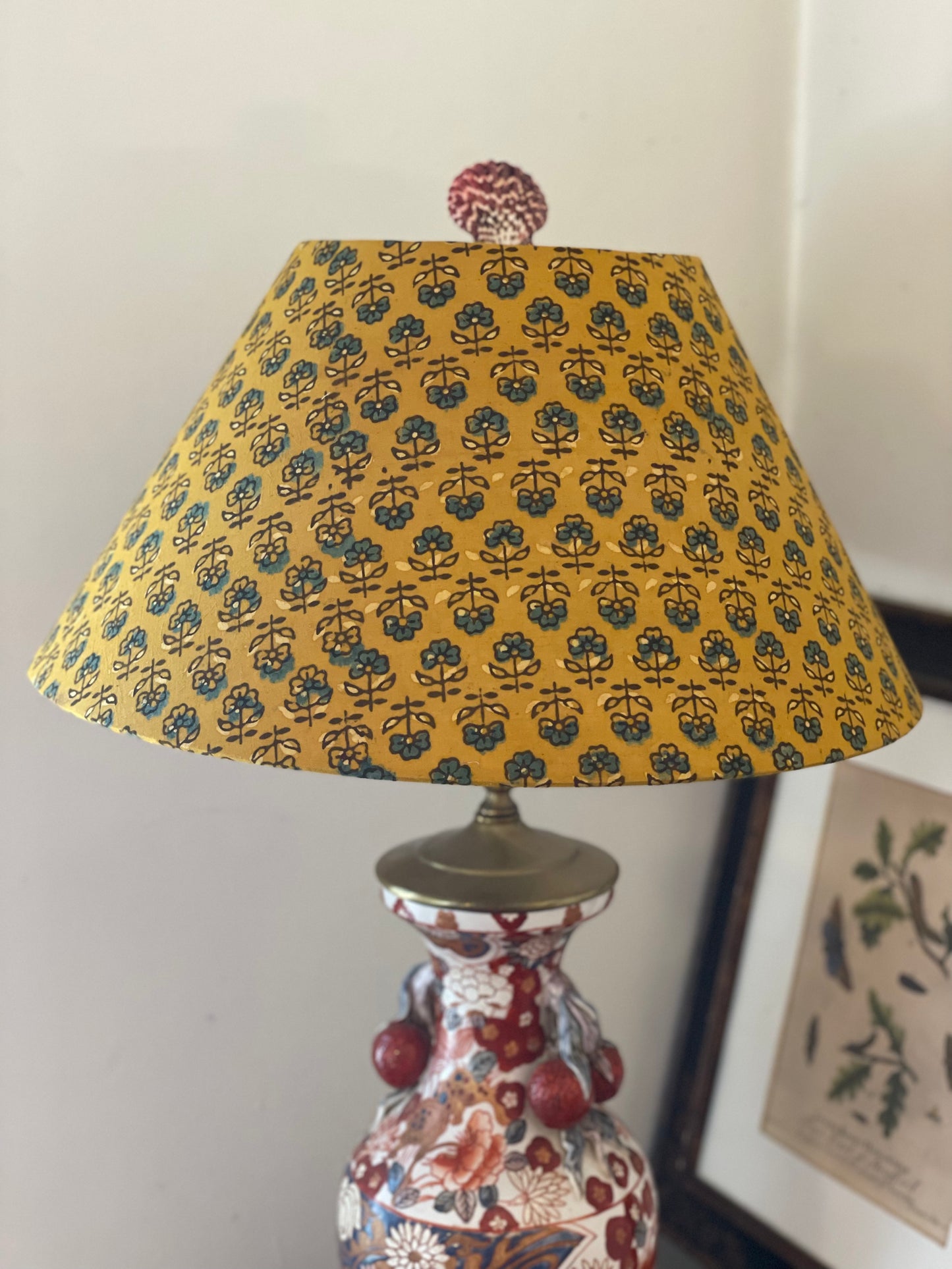 Large Conical Lampshade. Turmeric Dyed Ajrak Hand Block Print. Turmeric with Greyish-Blue and Dark Grey Floral Motif.