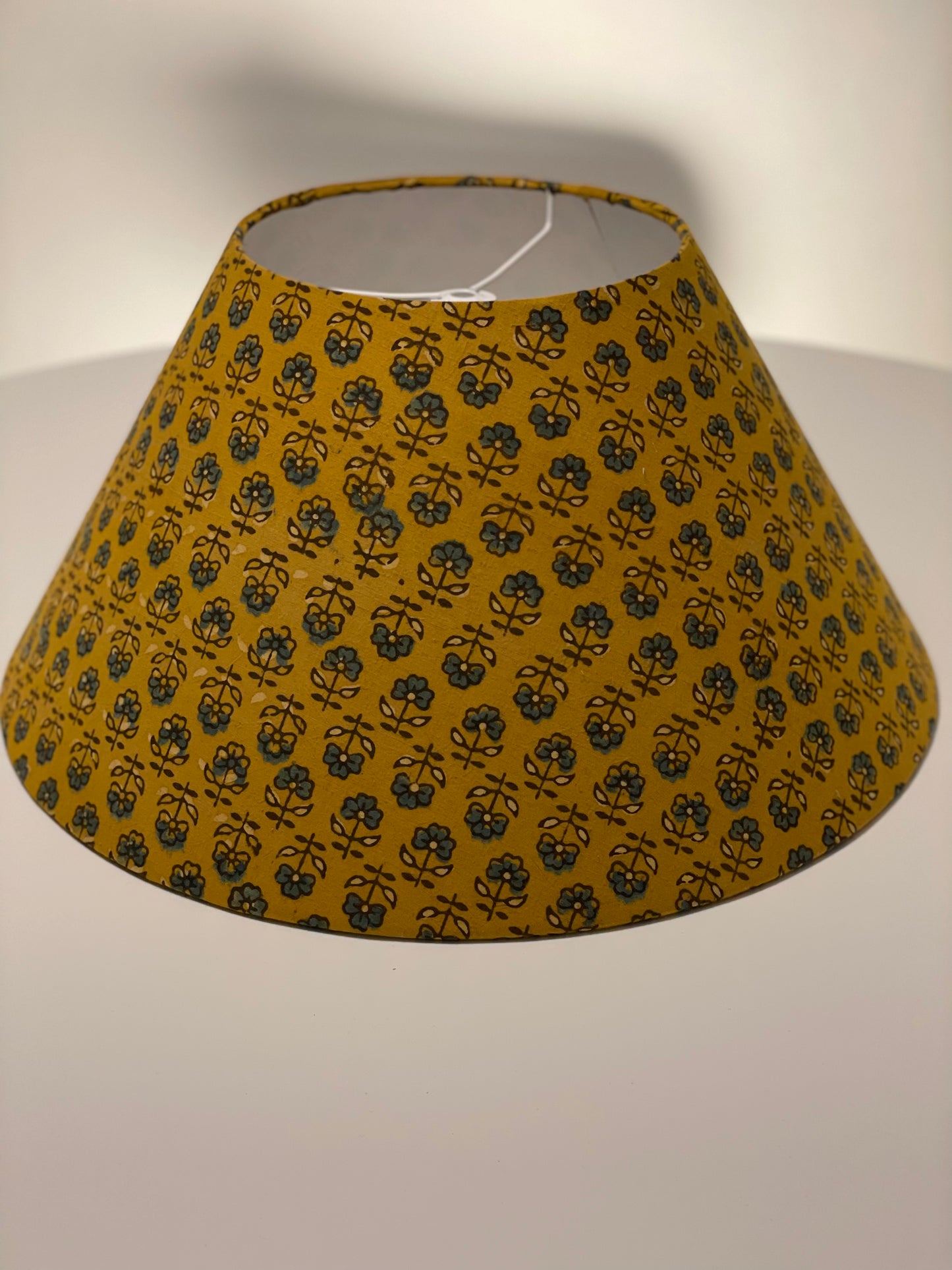 Large Conical Lampshade. Turmeric Dyed Ajrak Hand Block Print. Turmeric with Greyish-Blue and Dark Grey Floral Motif.