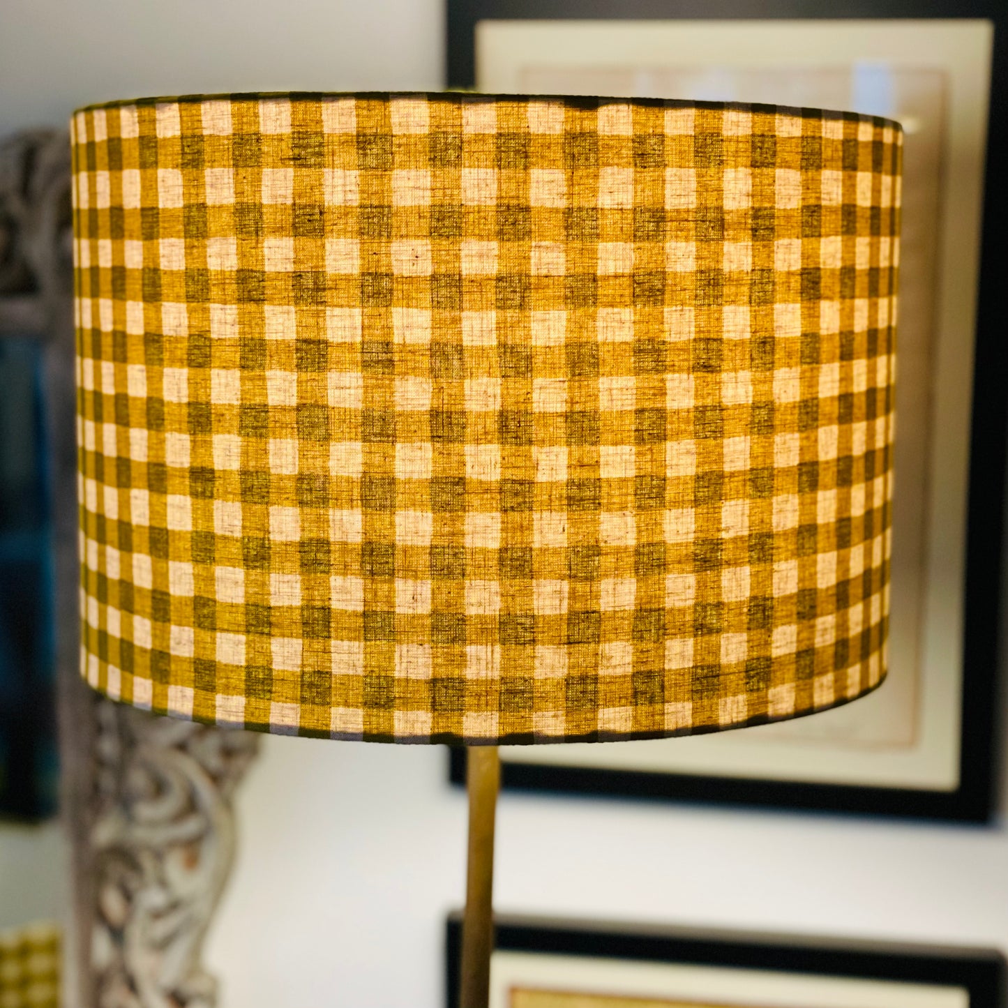 12 Inch Drum Shade. Yellow-Green Gingham Cotton-Linen from Japan.