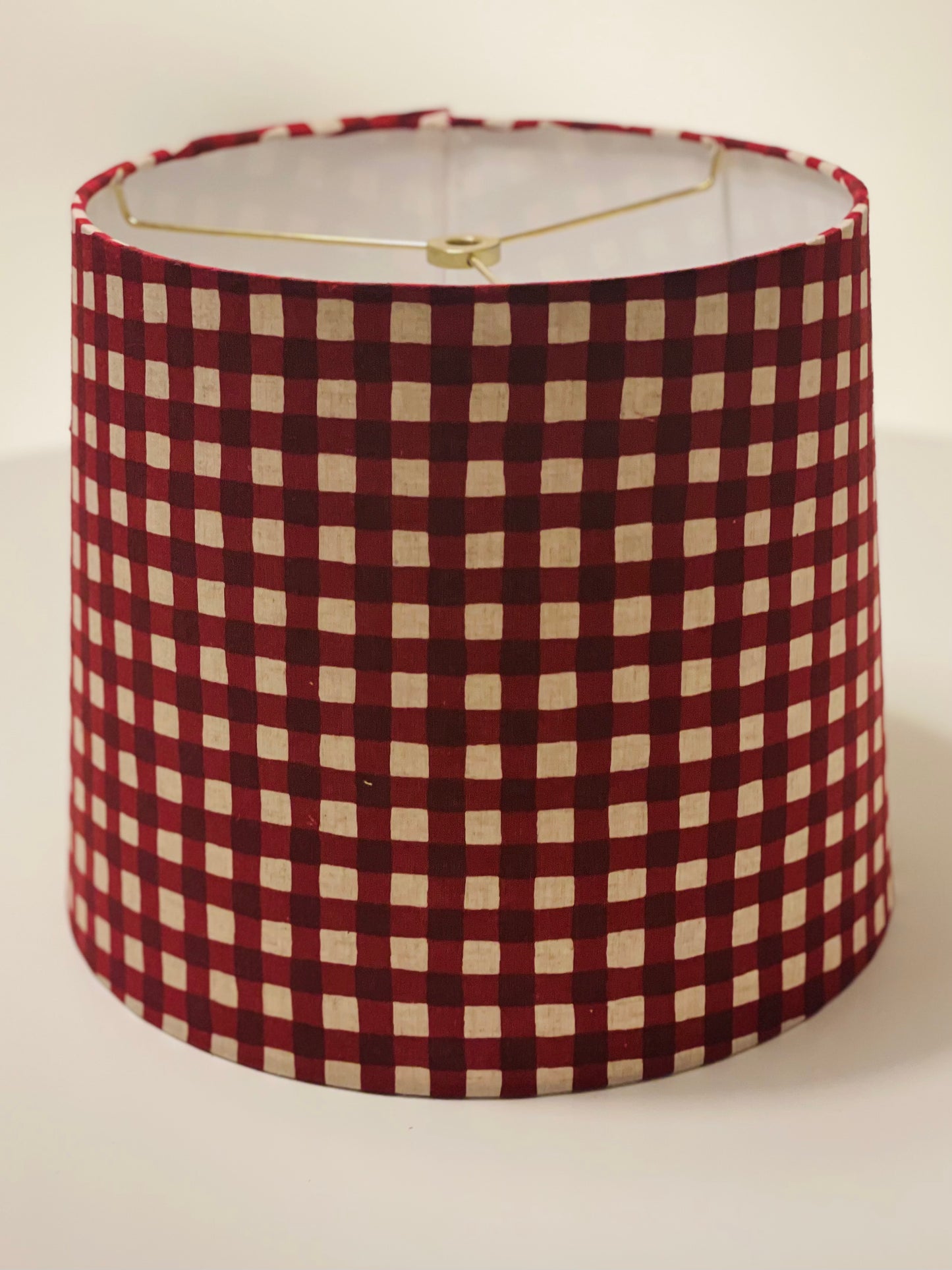 Medium Empire Lampshade. Maroon-Red Gingham Cotton-Linen from Japan.