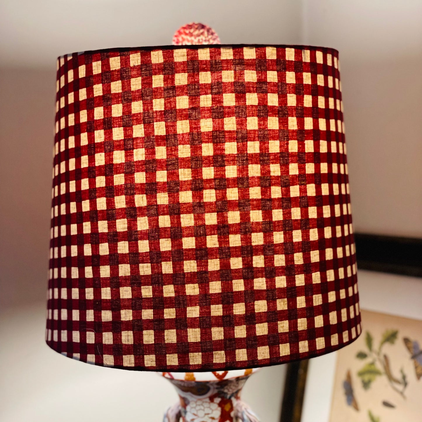 Large Empire Shade. 11.75 x 13.75 x 11.75. Maroon-Red Gingham Cotton-Linen from Japan.