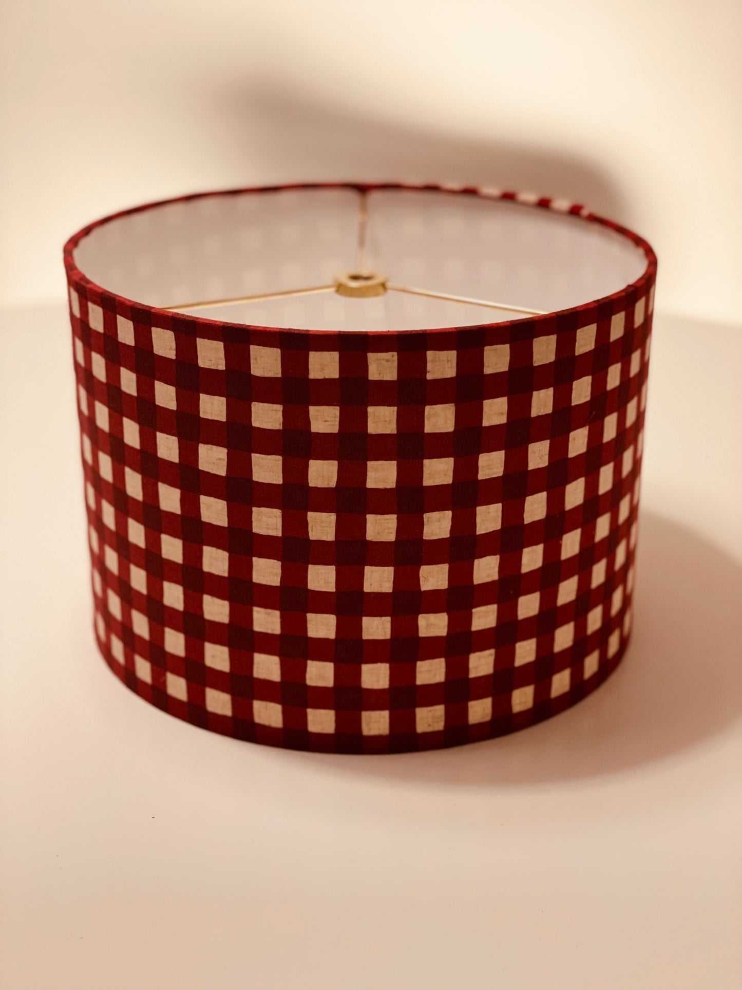 10 inch Drum Lampshade. Maroon-Red Gingham Cotton-Linen from Japan.