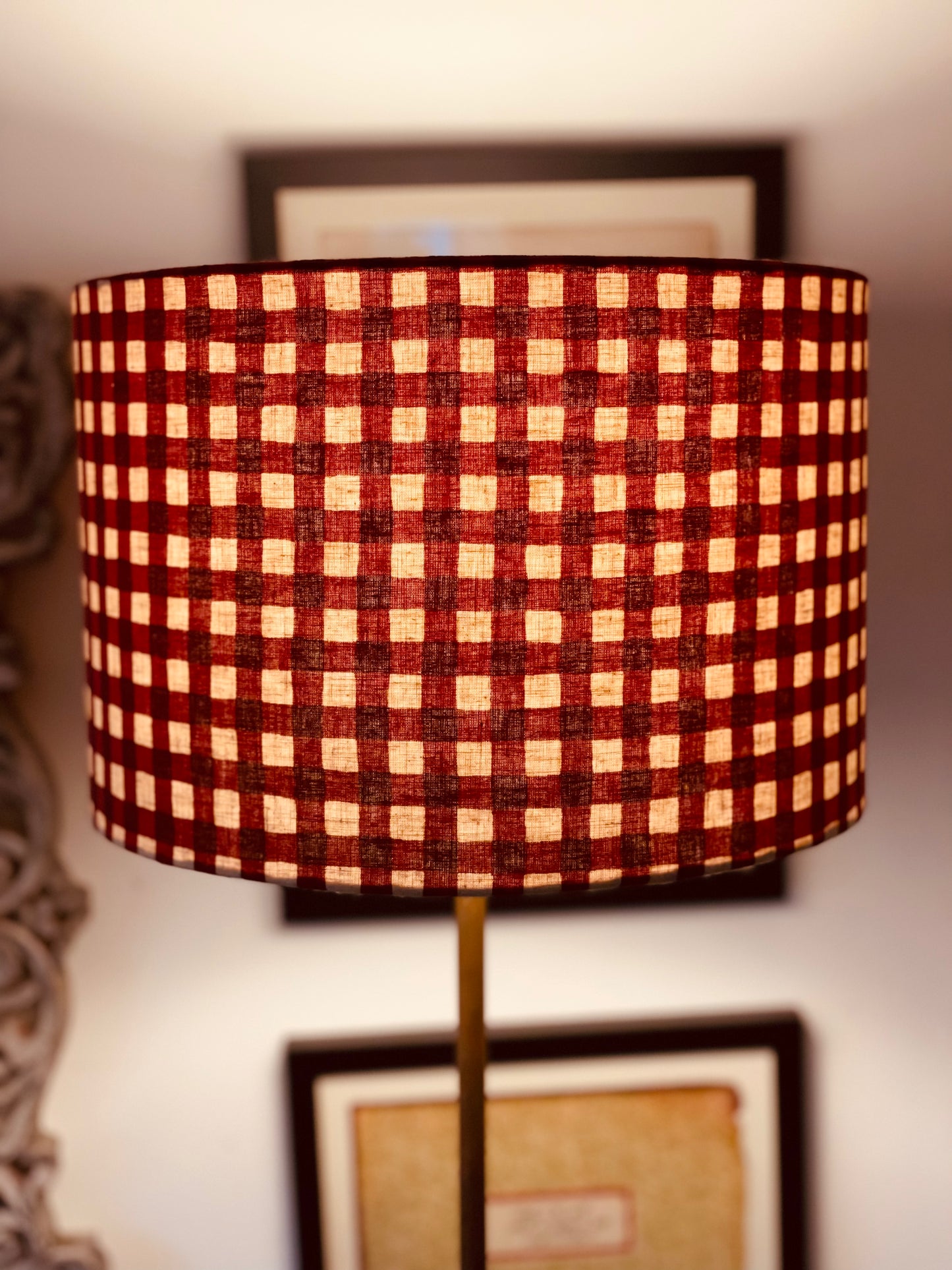 12 Inch Drum Shade. Maroon-Red Gingham Cotton-Linen from Japan.