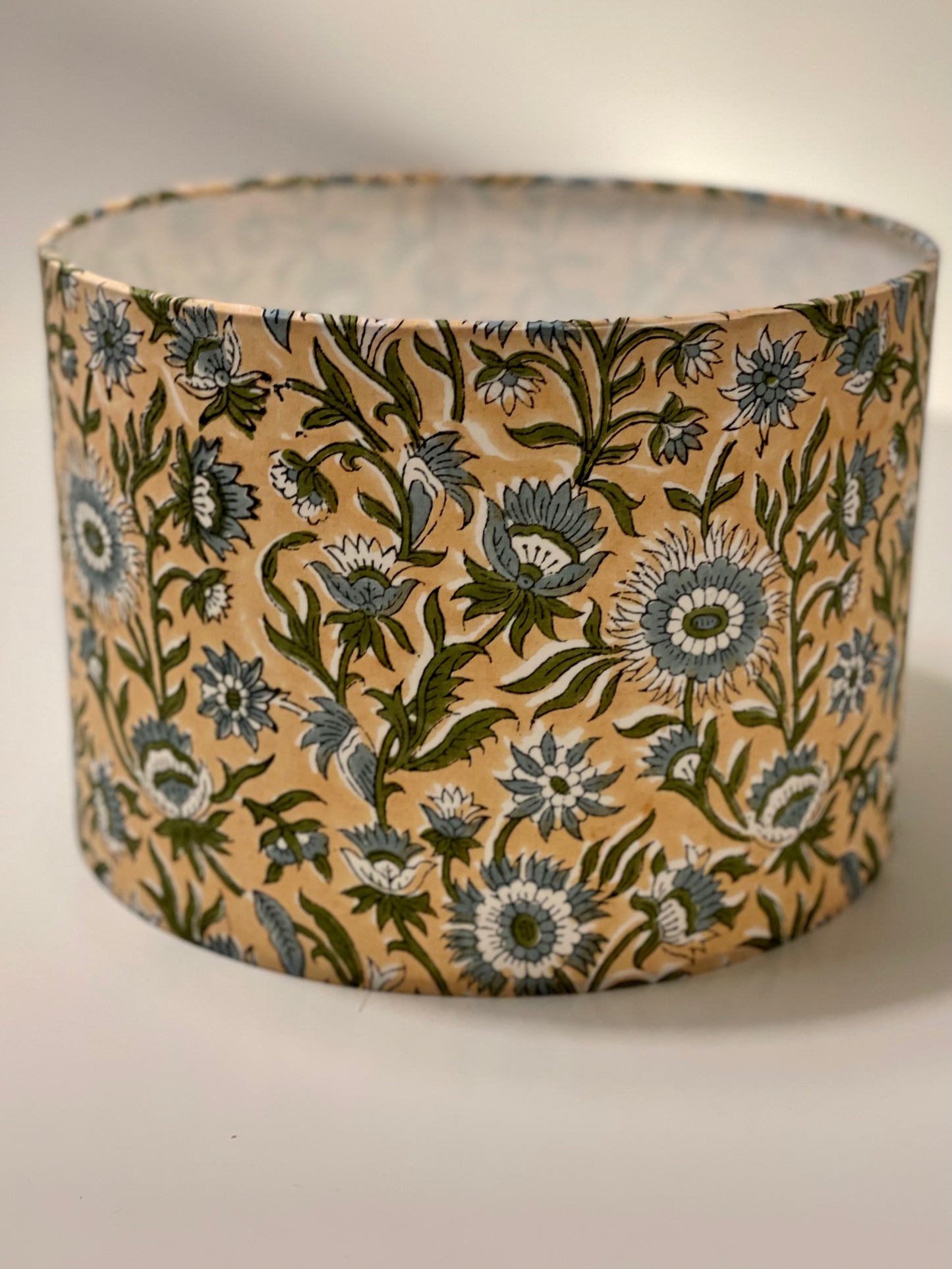 10 inch Drum Lampshade. Indian Hand Block Print. Fawn with Blue-Gray and Dark Green Floral Motif.