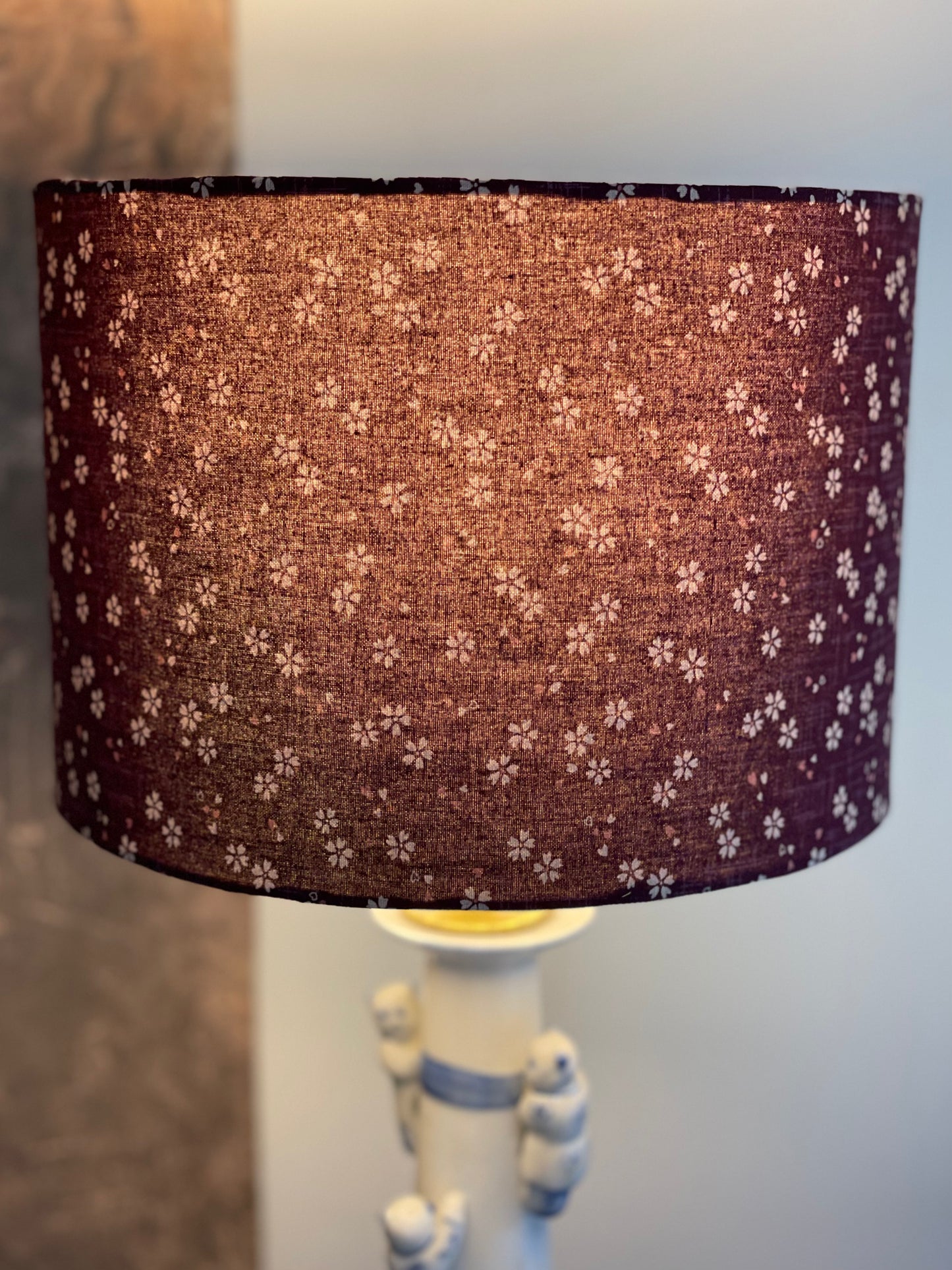 10 inch Drum Lampshade. Deep Plum with Tiny Cherry Blossom Motif. Japanese Cotton Fabric.