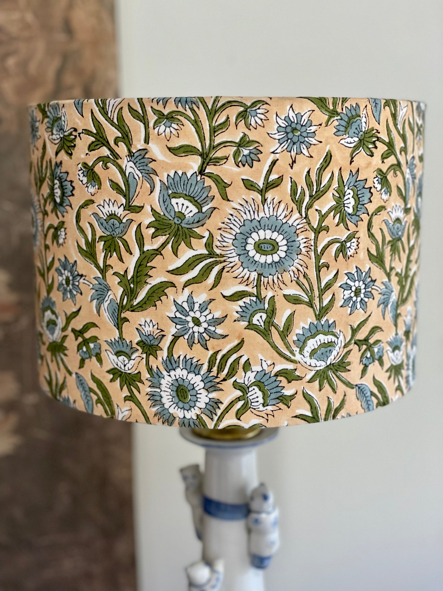 10 inch Drum Lampshade. Indian Hand Block Print. Fawn with Blue-Gray and Dark Green Floral Motif.