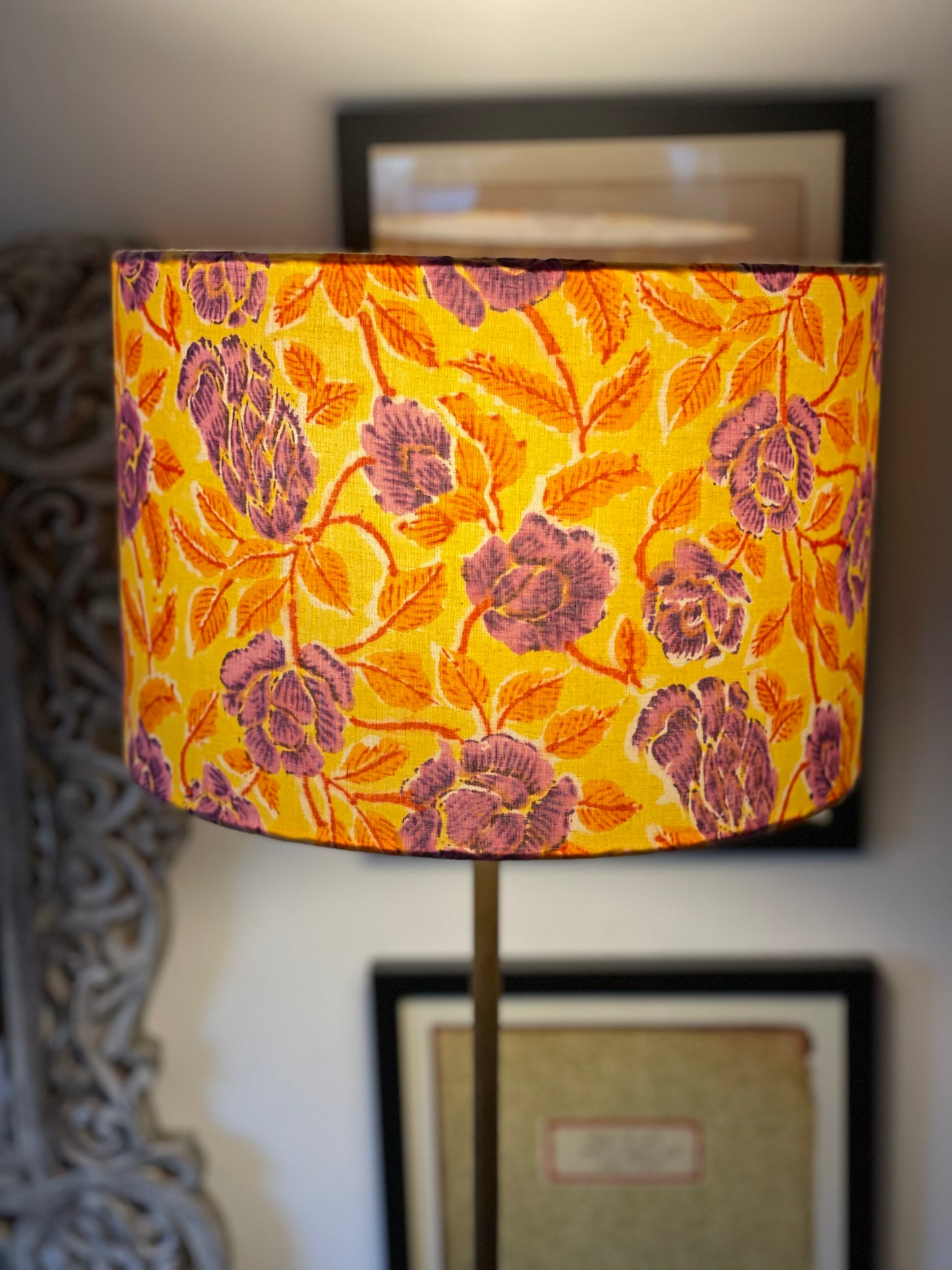 12 Inch Drum Shade. Sanganeri Hand Block Print from India. Pale Saffron with Ginger and Purple Blossoms.