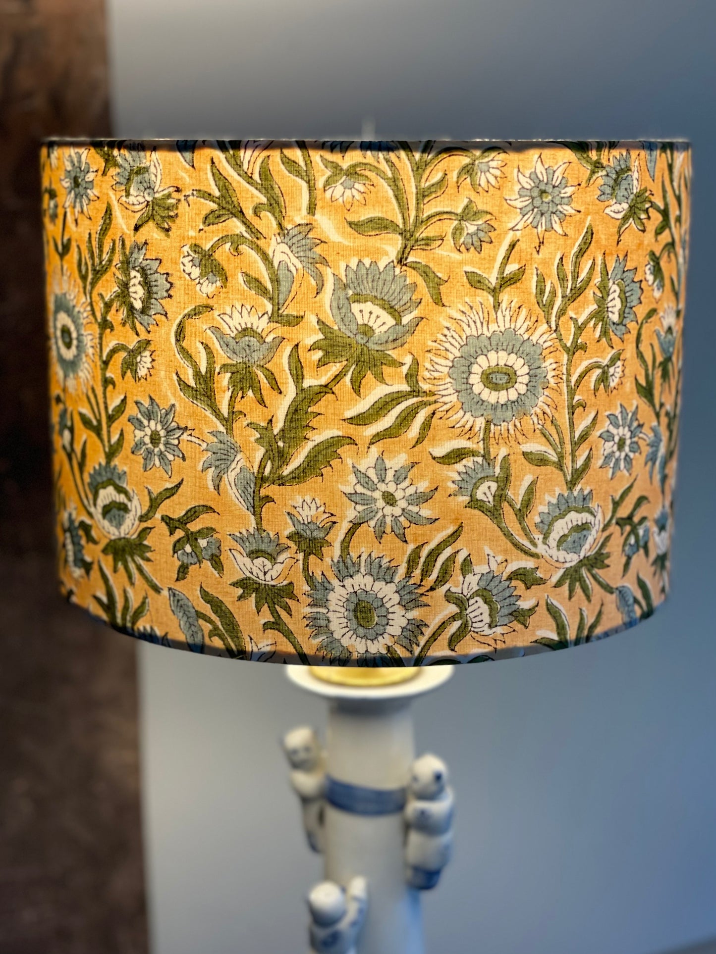 10 inch Drum Lampshade. Indian Hand Block Print. Fawn with Blue-Gray and Dark Green Floral Motif.