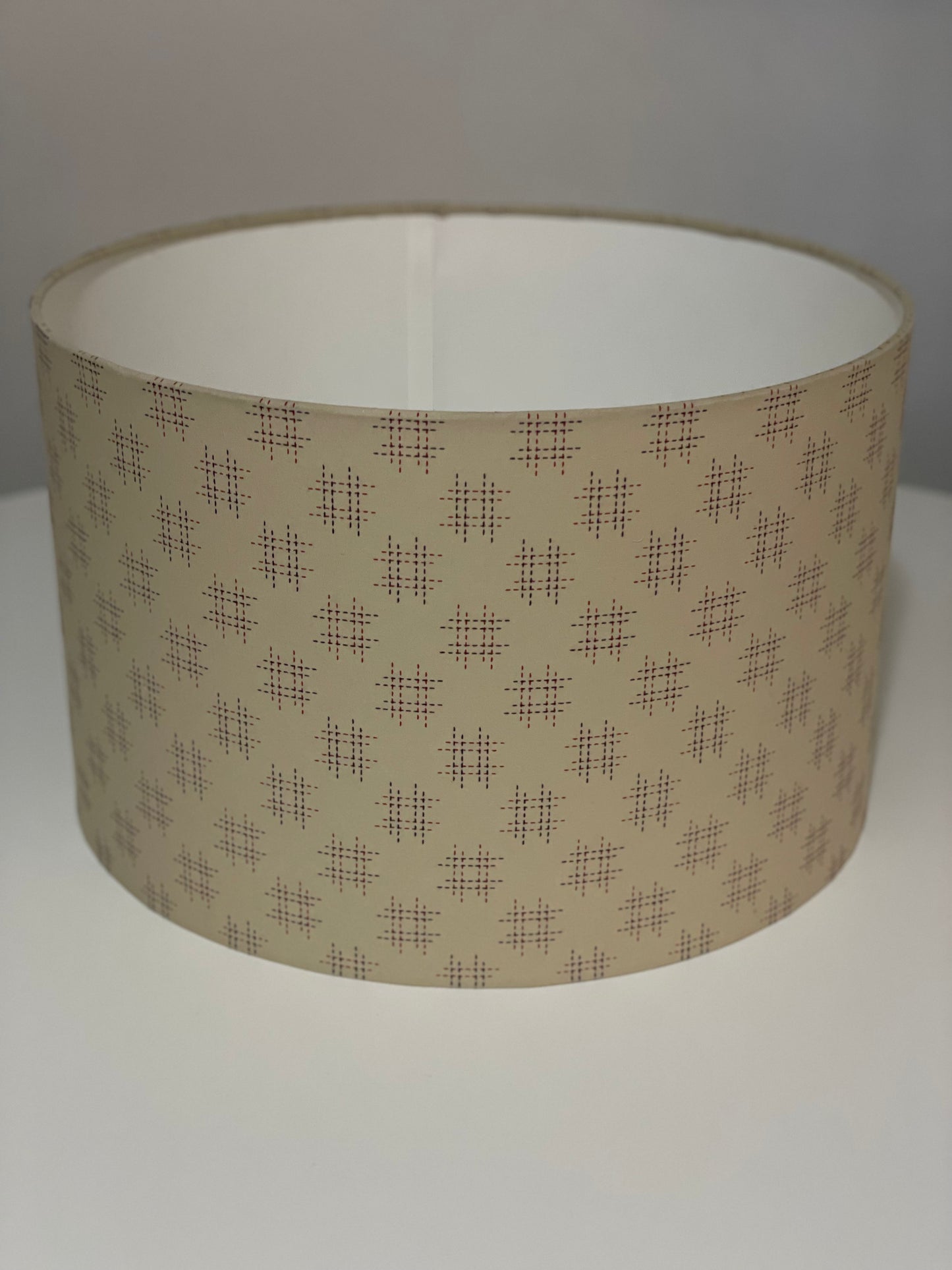 16 Inch Drum Lampshade. Traditional Japanese Design. Parchment with Maroon Hashtag Motif.
