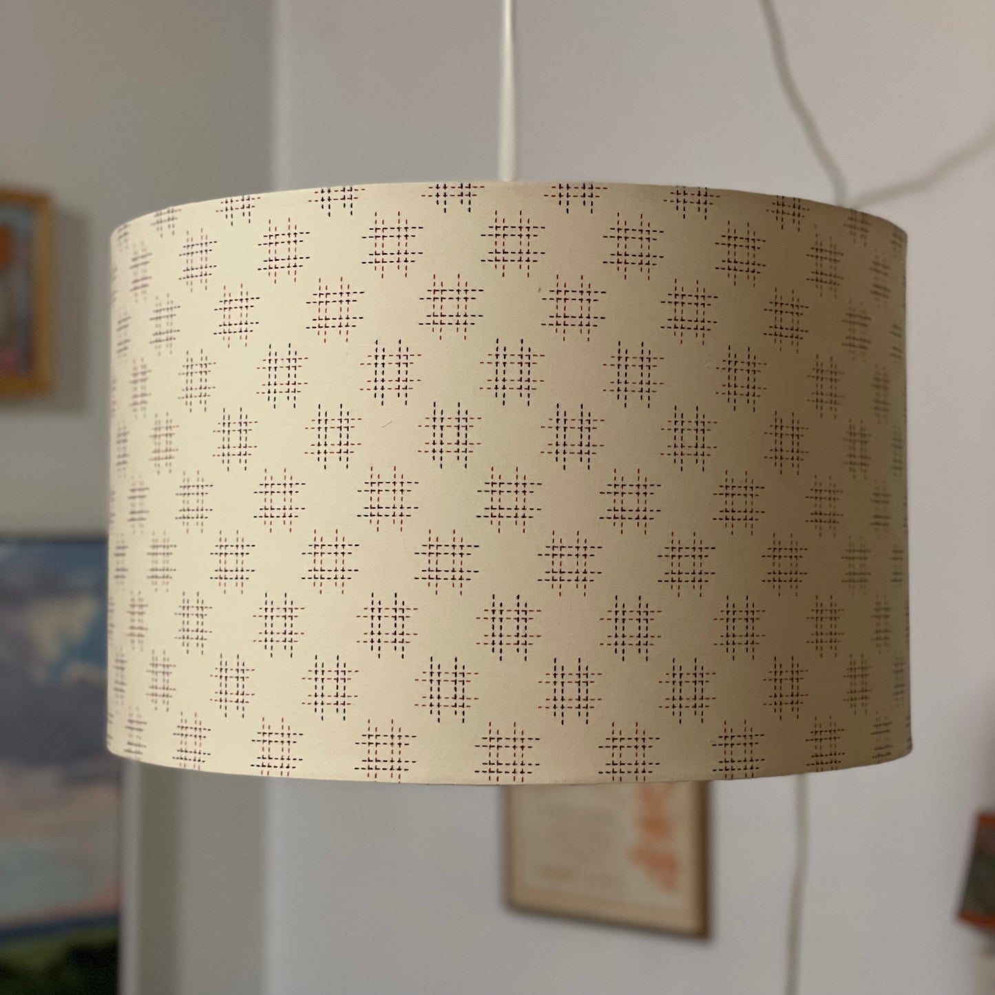 16 Inch Drum Lampshade. Traditional Japanese Design. Parchment with Maroon Hashtag Motif.