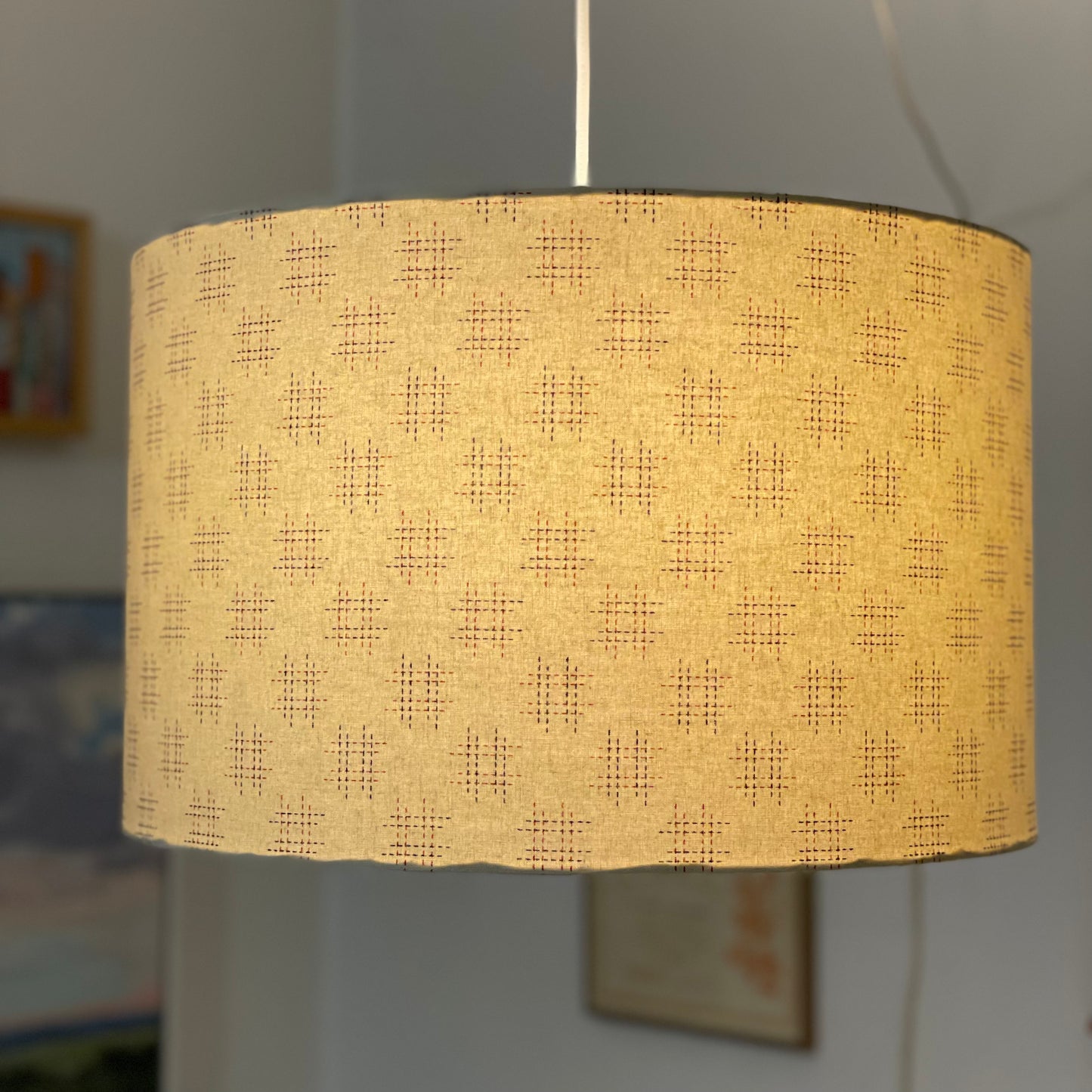 16 Inch Drum Lampshade. Traditional Japanese Design. Parchment with Maroon Hashtag Motif.