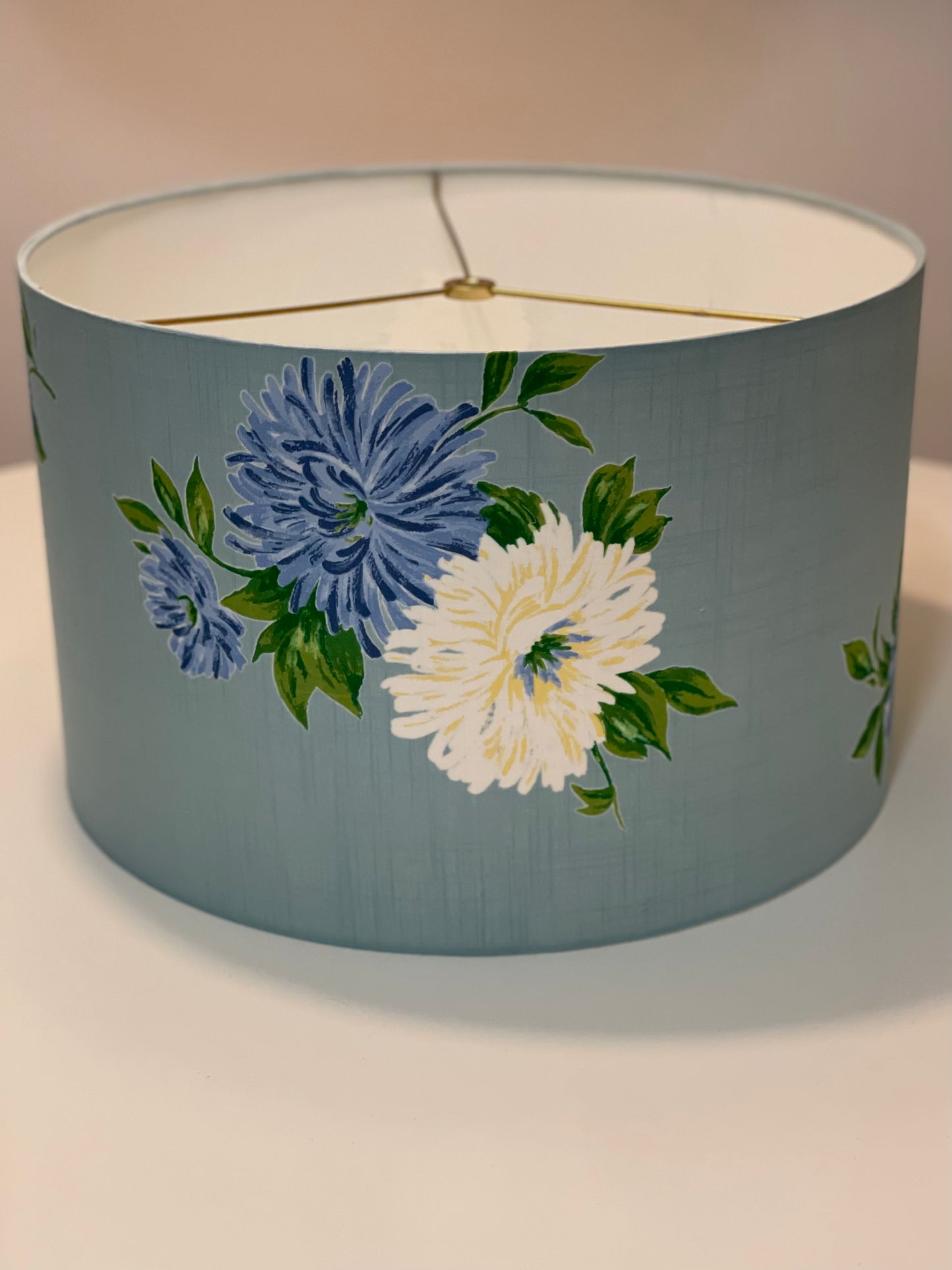 16 Inch Drum Lampshade. Vintage Summer Kimono Fabric from Japan. Cadet Blue with Painterly Blue and Cream Blossoms.